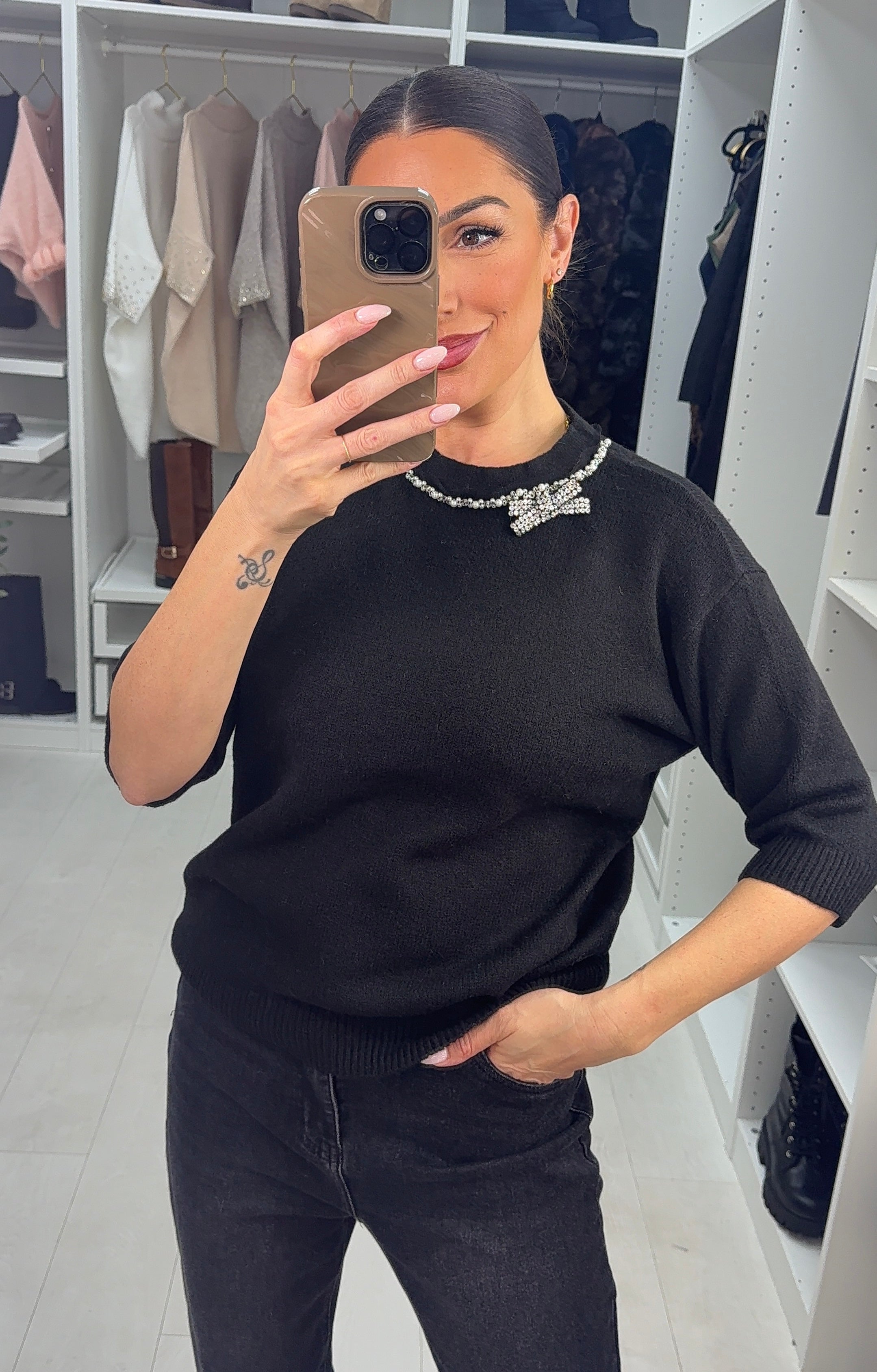 Gwyneth Plain Bow Embellished Knit Jumper