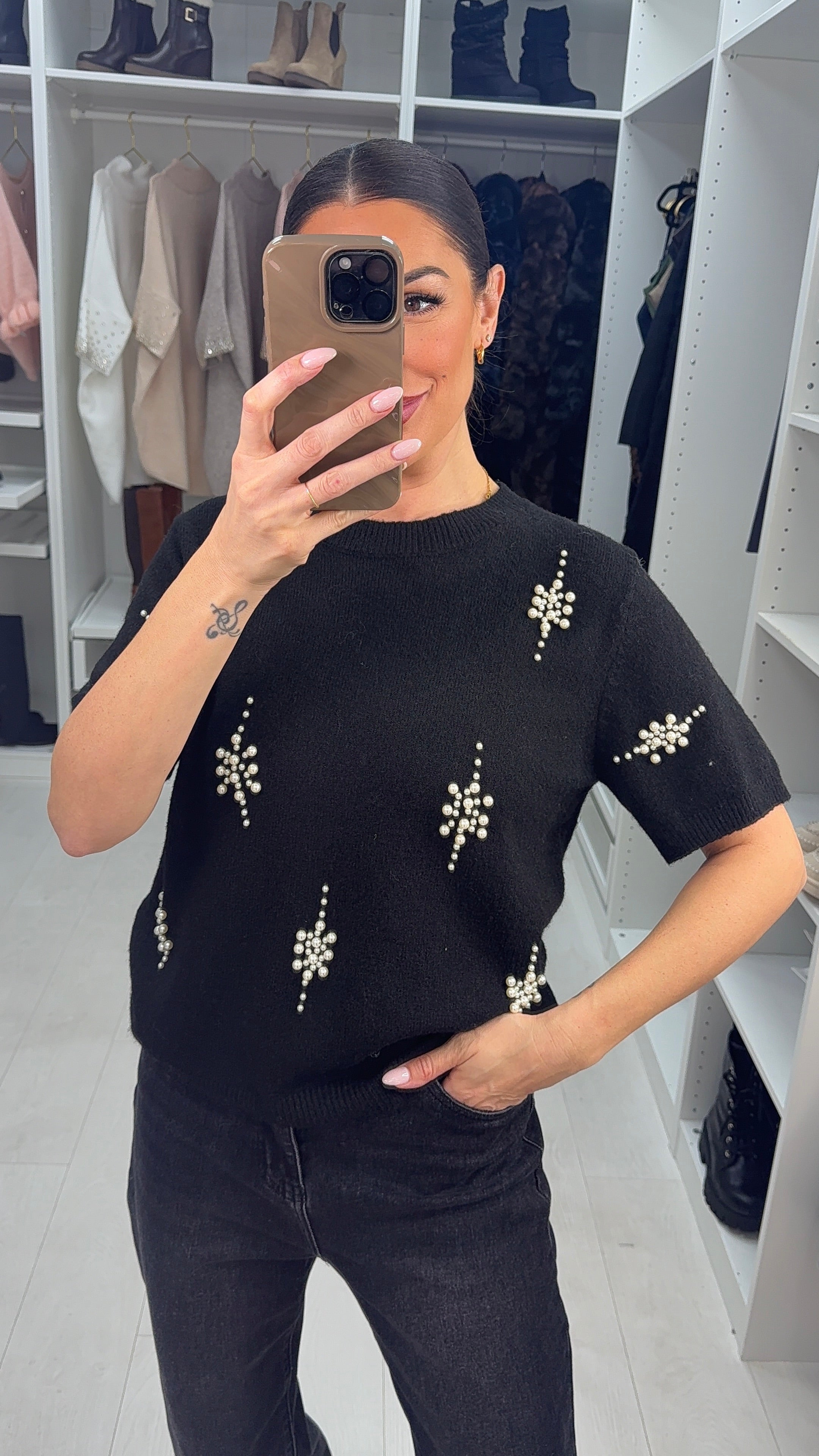 Natalina Pearl Embellished Short Sleeve Knit Jumper
