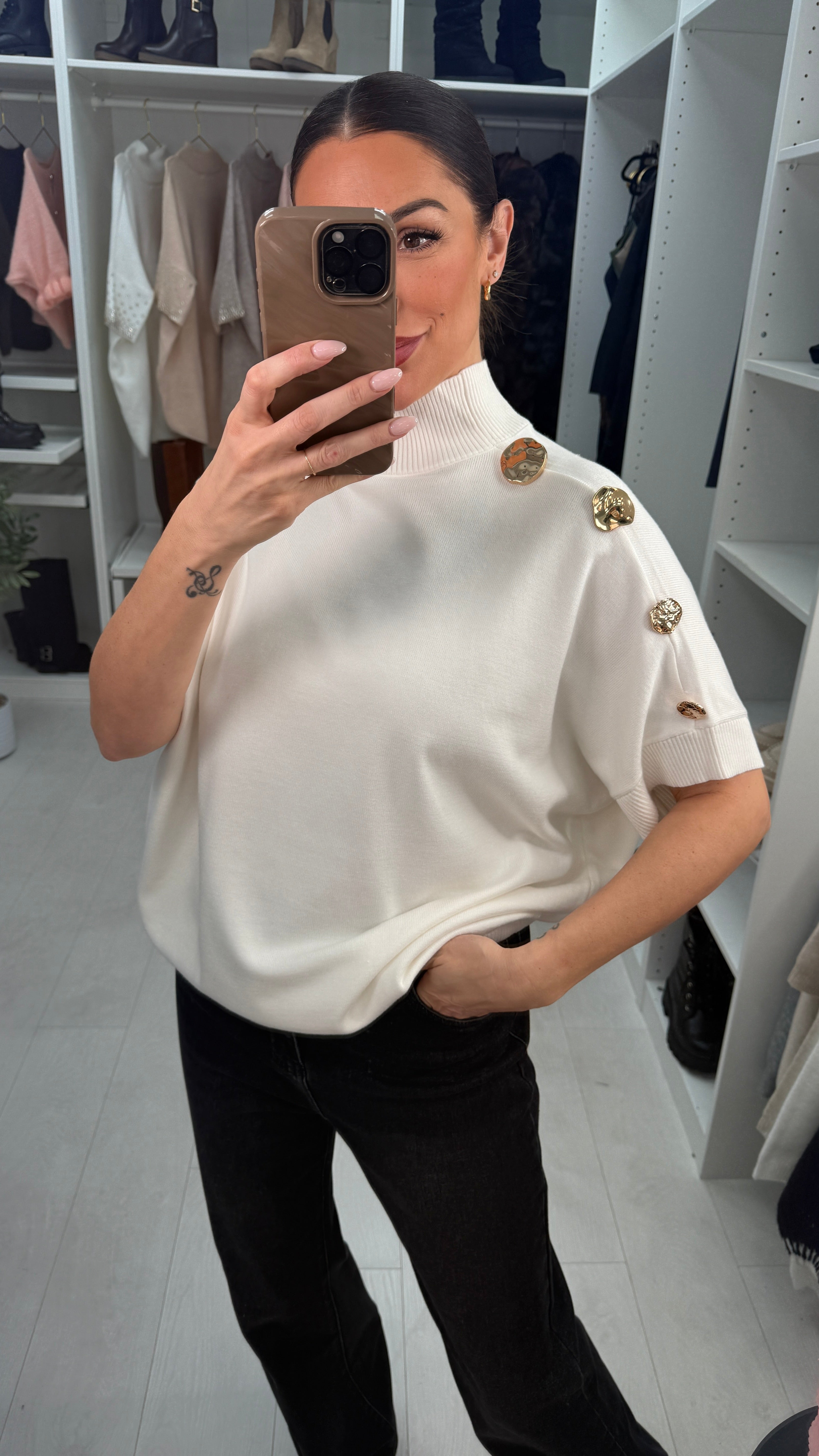 Leticia Button Detail Short Sleeve Loose Fit Knit Jumper