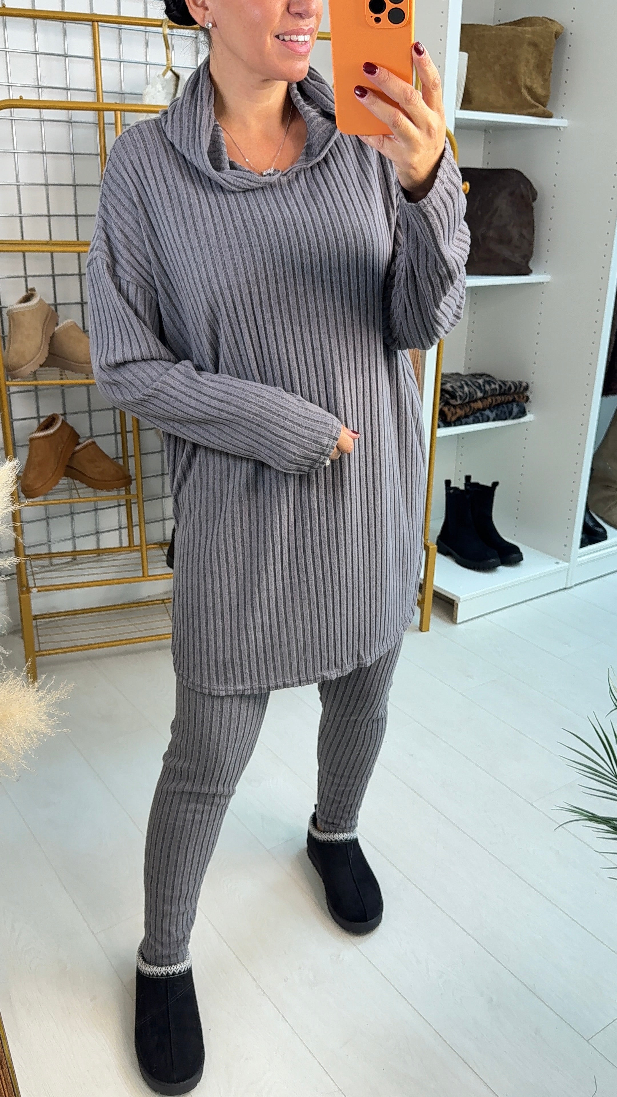 Yasmina Plain Ribbed Hooded Loungewear Set