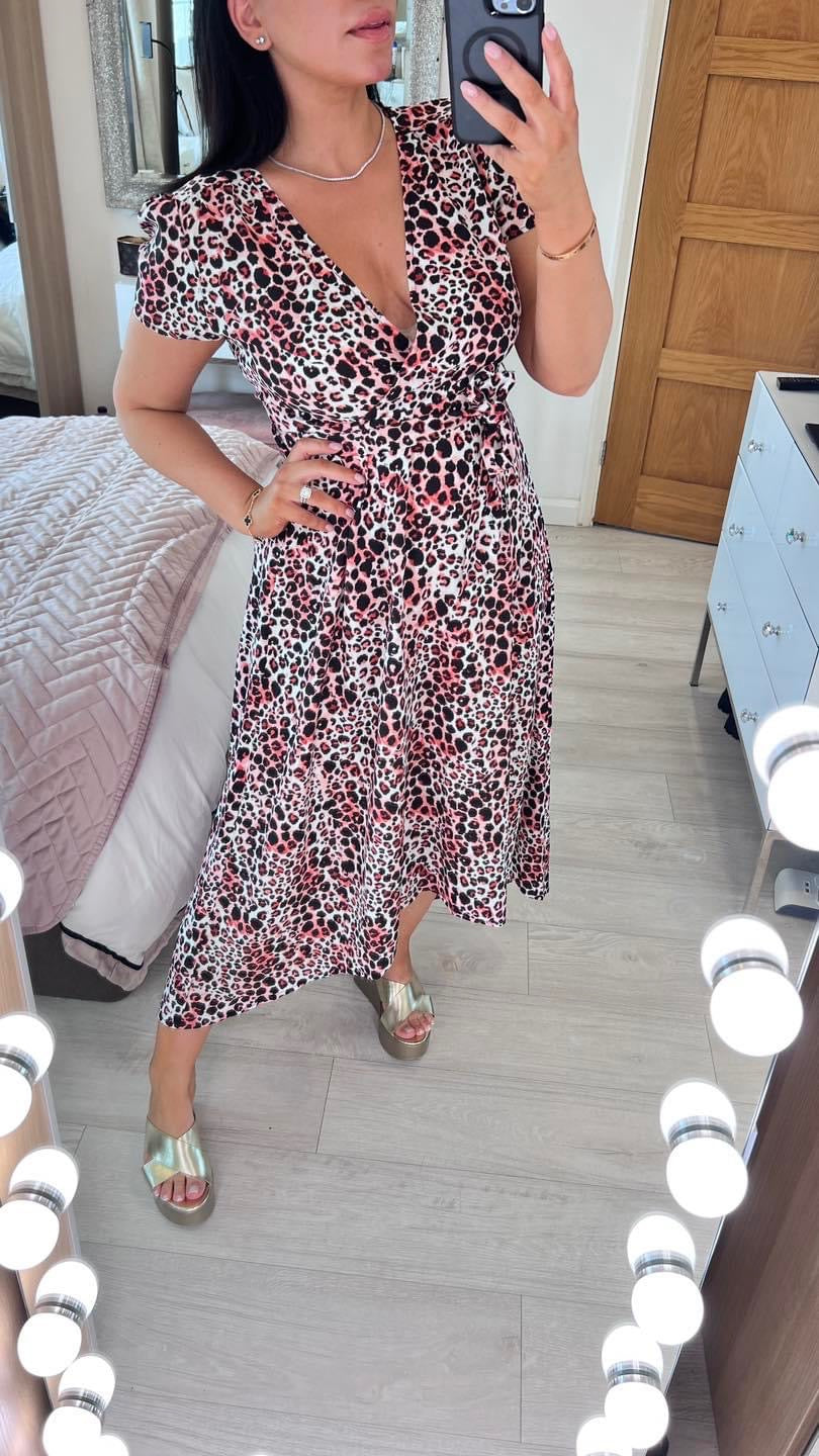 Kalissi Pink Leopard Print Dip Hem Dress