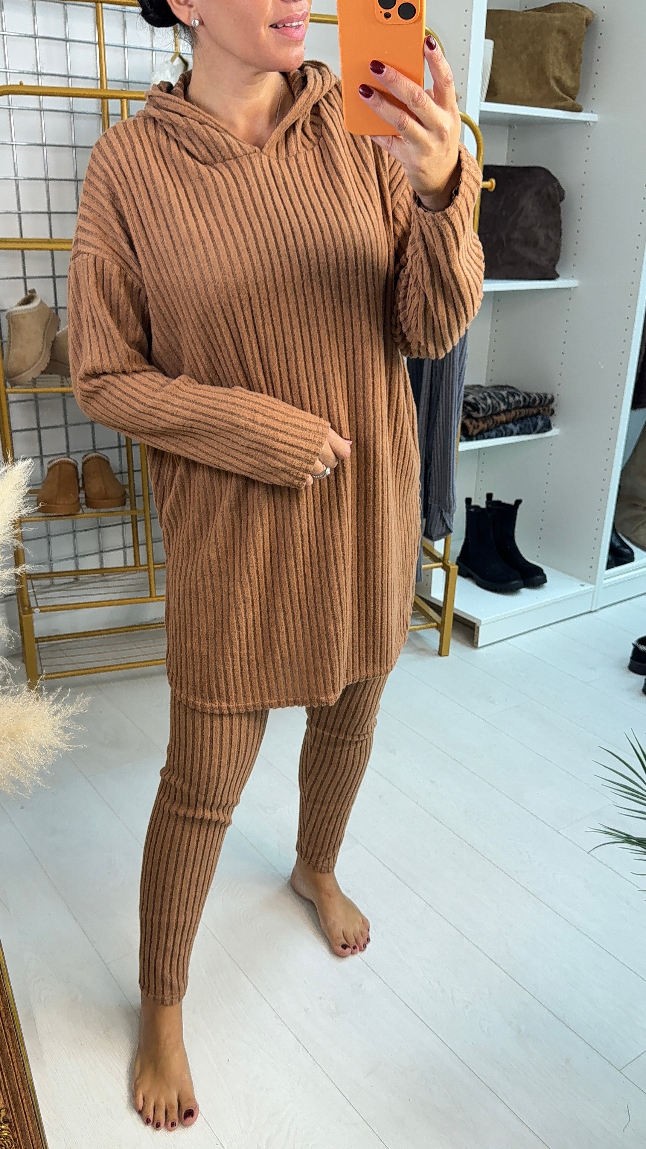 Yasmina Plain Ribbed Hooded Loungewear Set