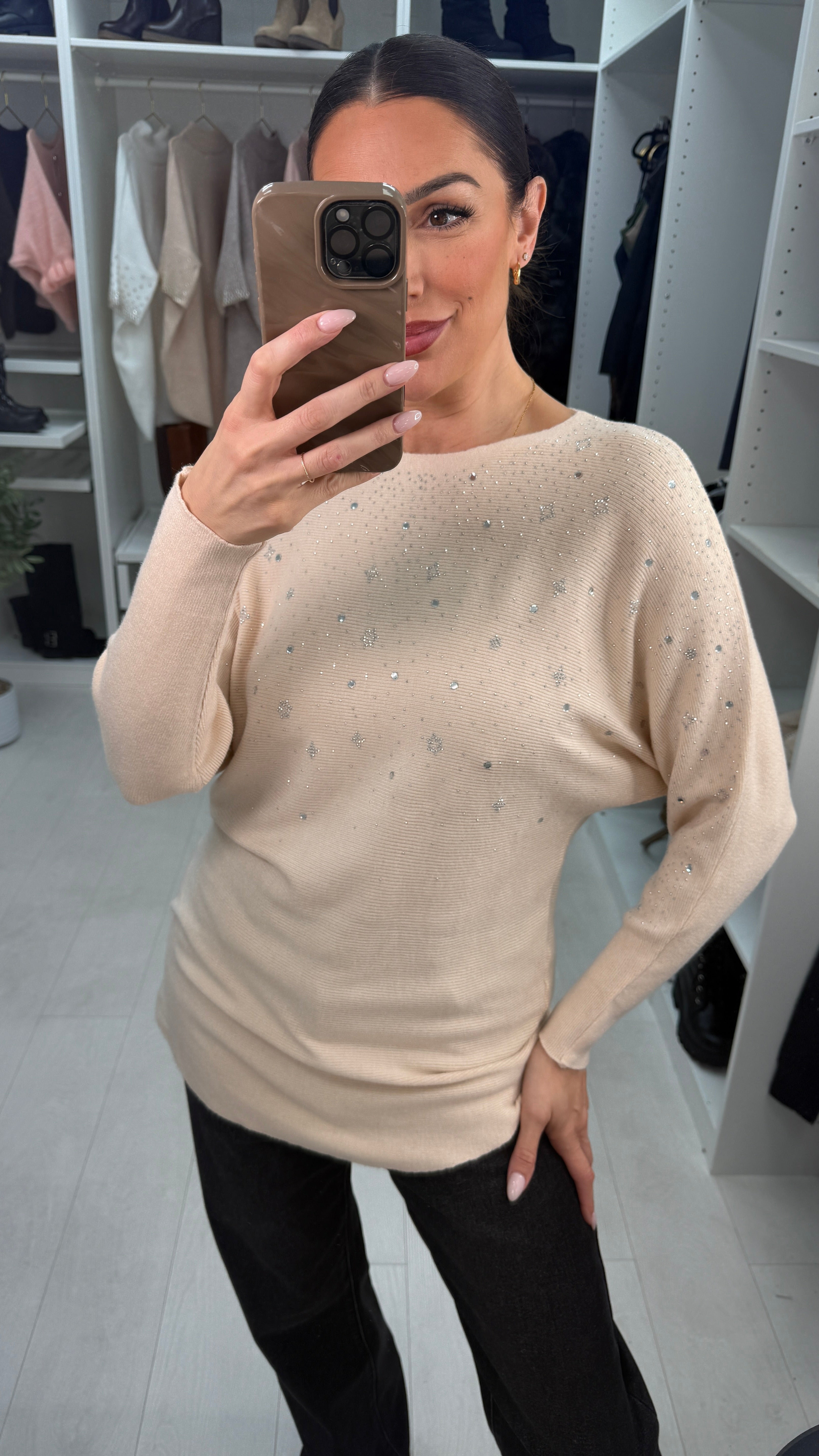 Bevie Diamante Detail Ribbed Knit Jumper