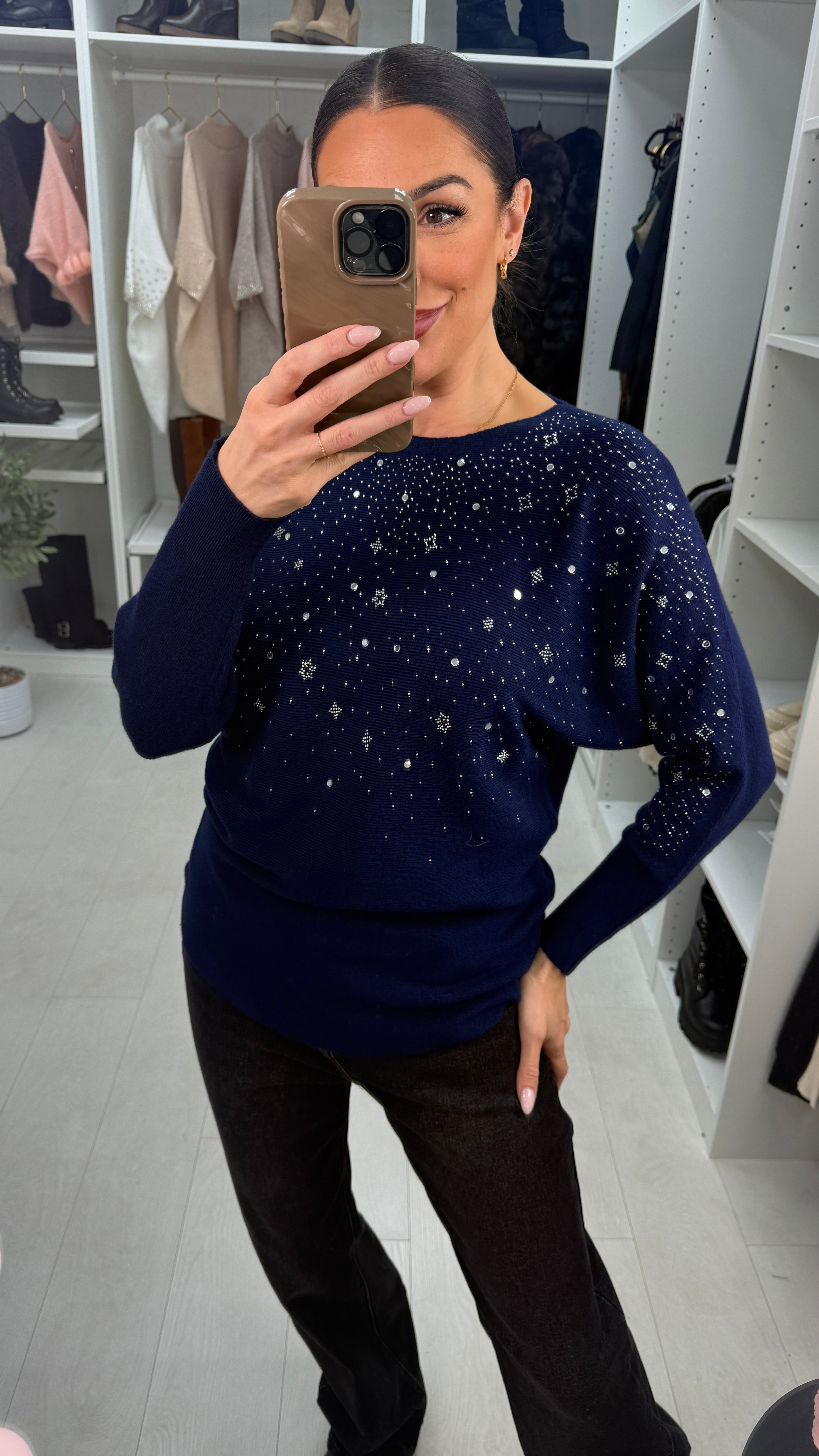 Bevie Diamante Detail Ribbed Knit Jumper