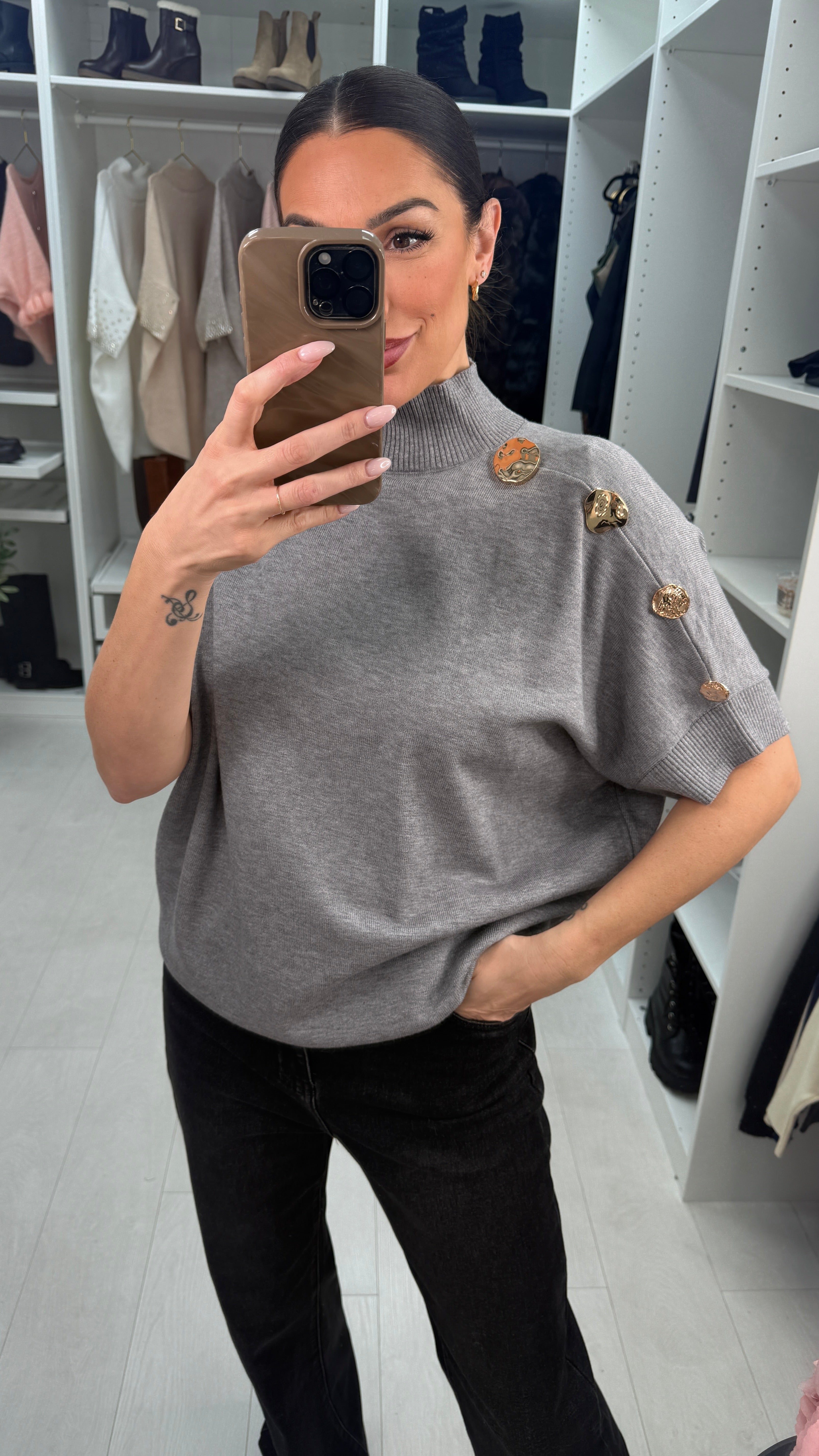 Leticia Button Detail Short Sleeve Loose Fit Knit Jumper