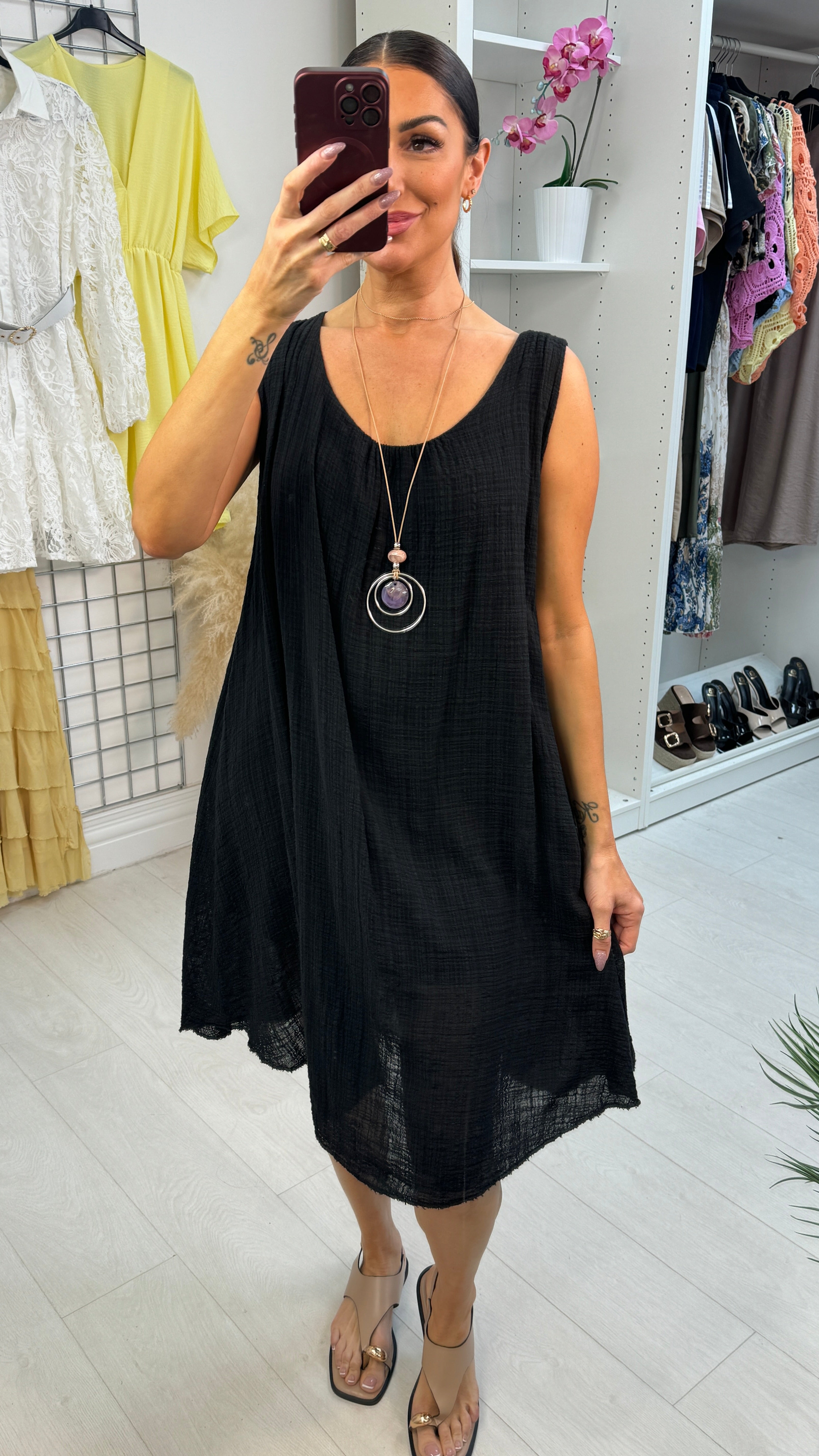 Kelice Plain Loose Fit Floaty Midi Necklace Dress