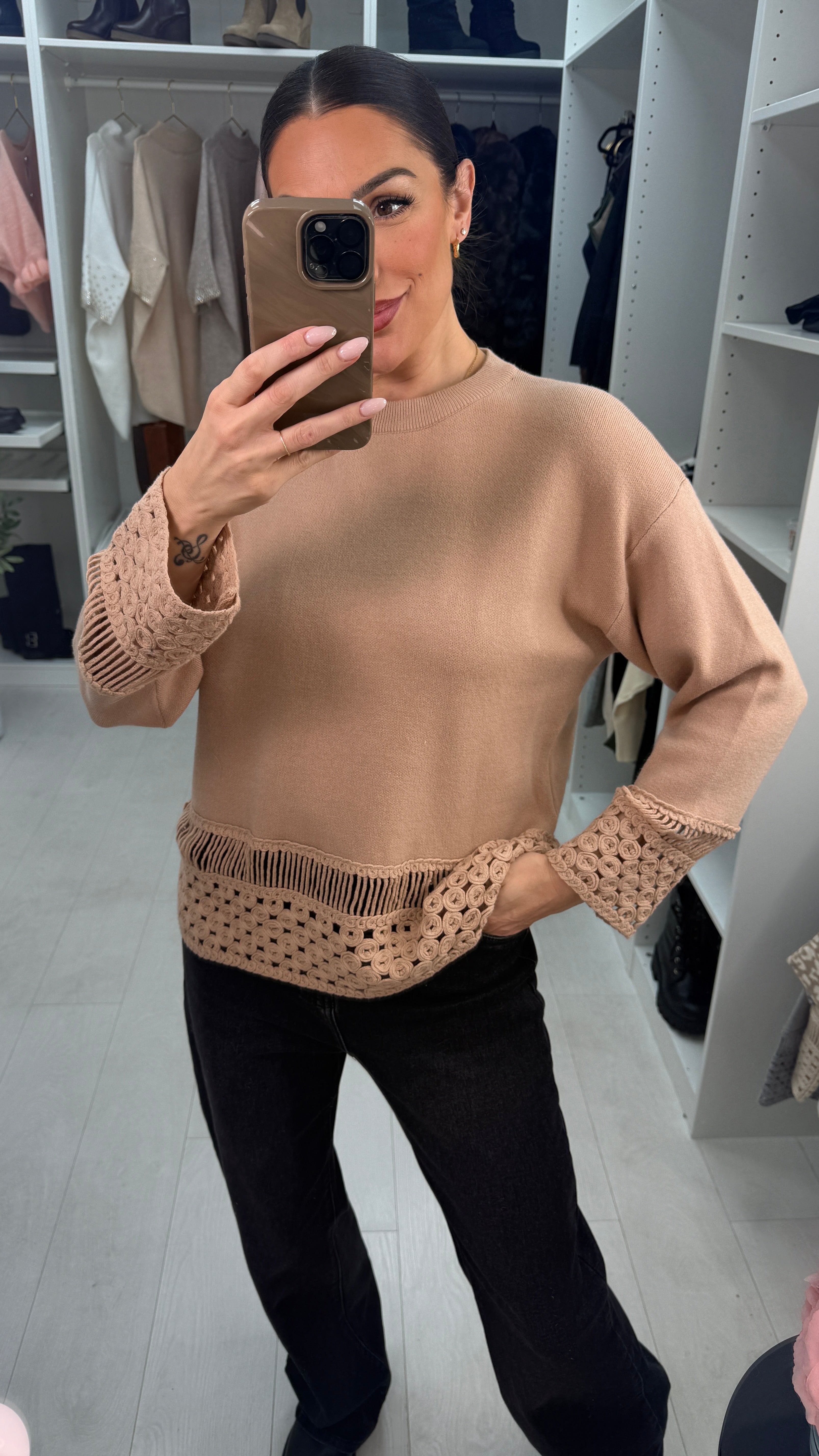 Dovina Plain Crochet Detail Knit Jumper