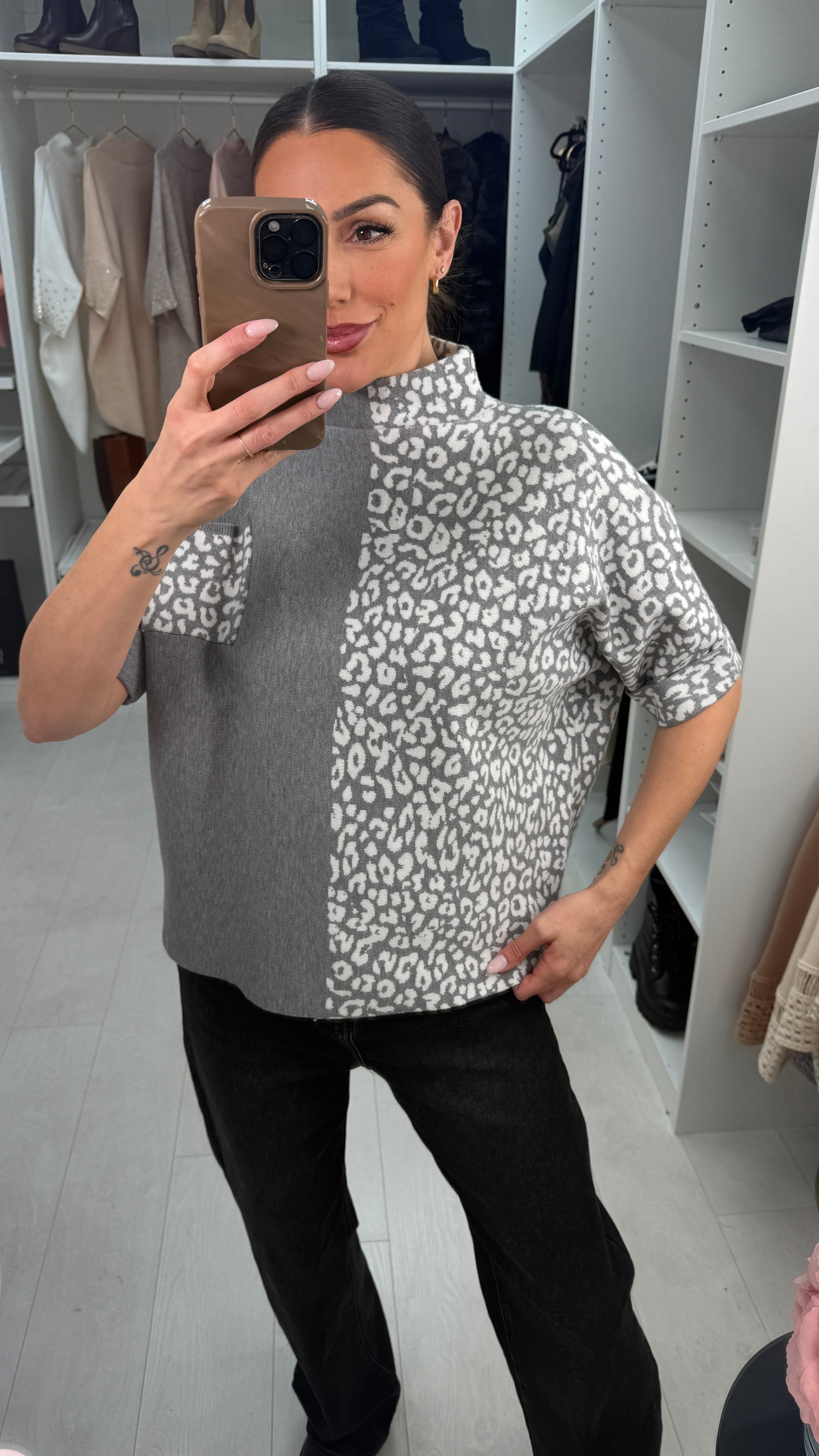 Dillia Leopard Print High Neck 3/4 Sleeve Jumper