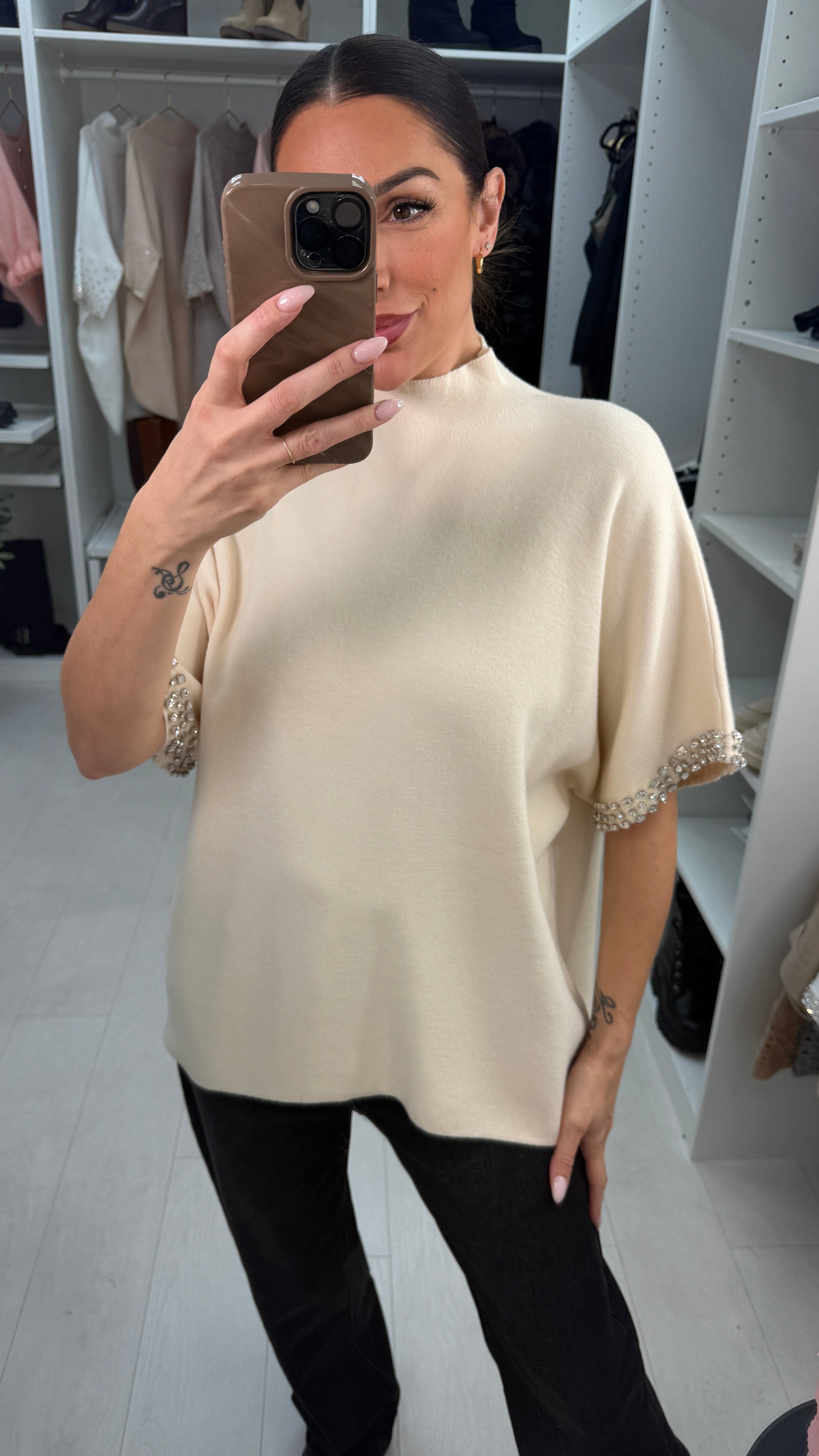 Devonie Diamante Sleeve Detail High Neck Jumper