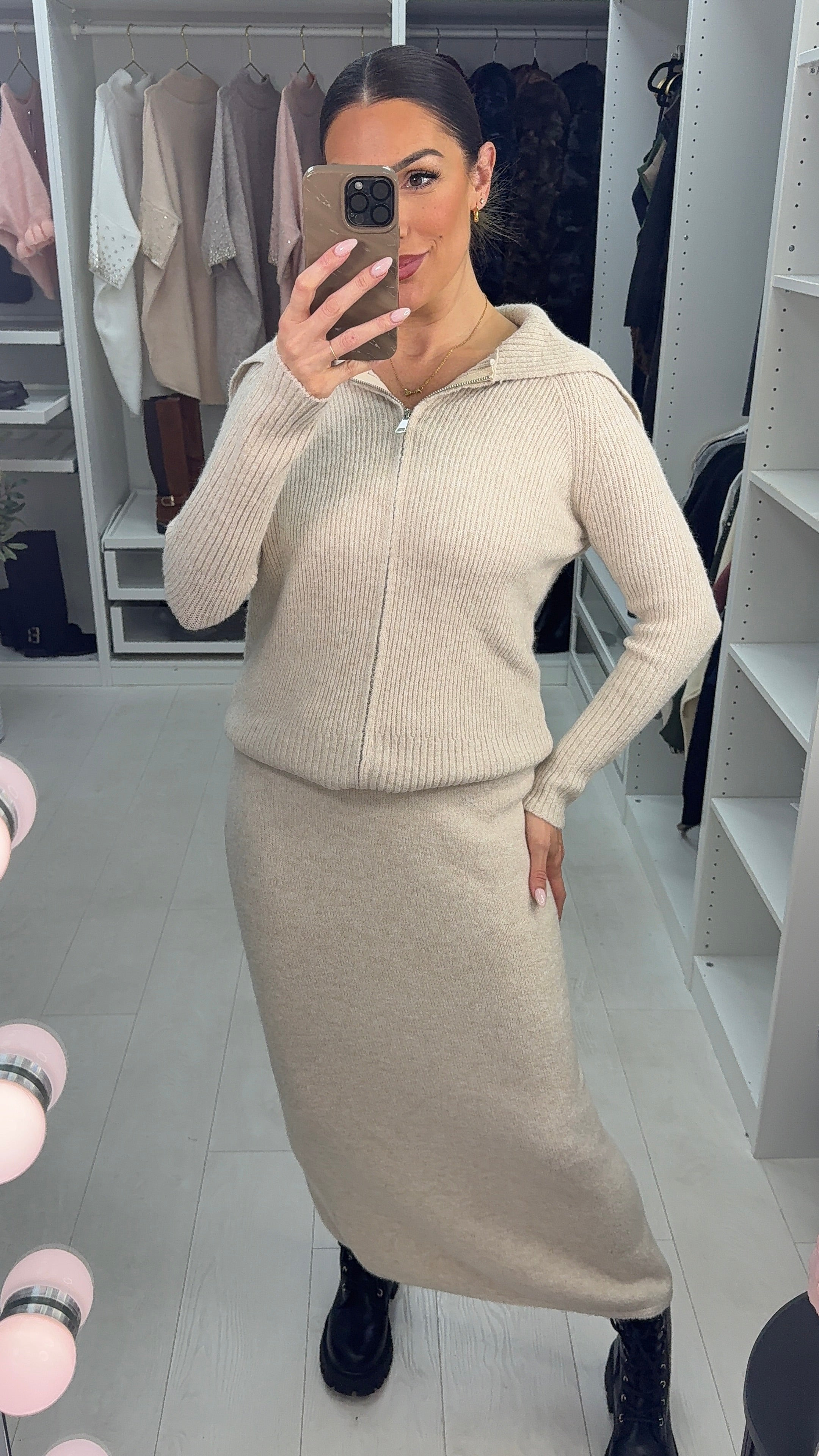 Tarissa Plain Ribbed Zip Front Skirt Co-Ord Set