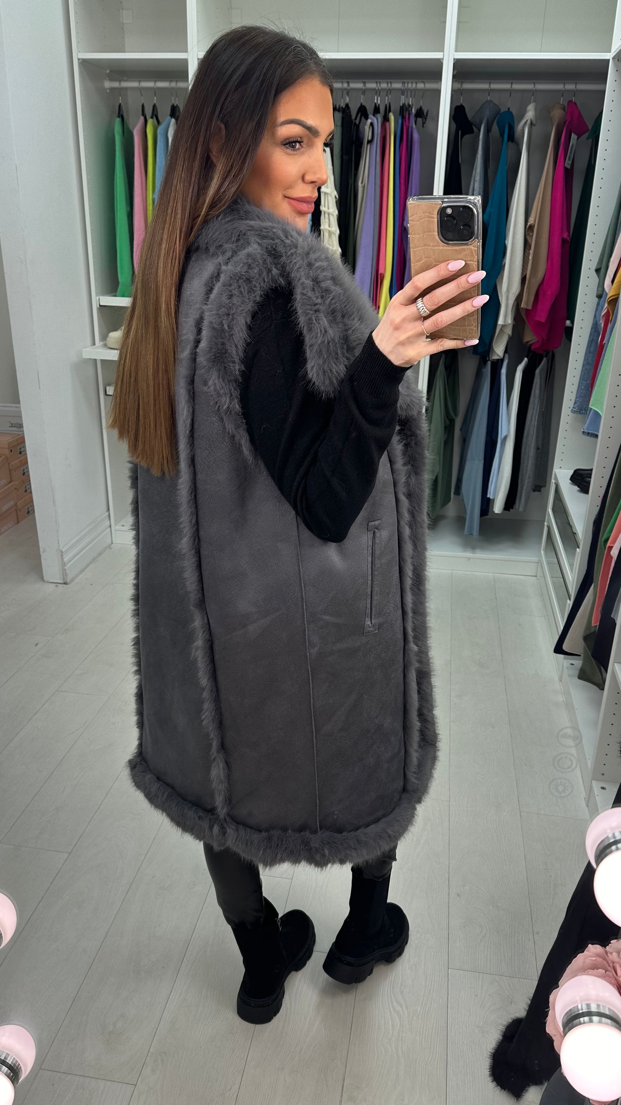 Emilie Faux Fur/Faux Suede Reversible Longline Gilet