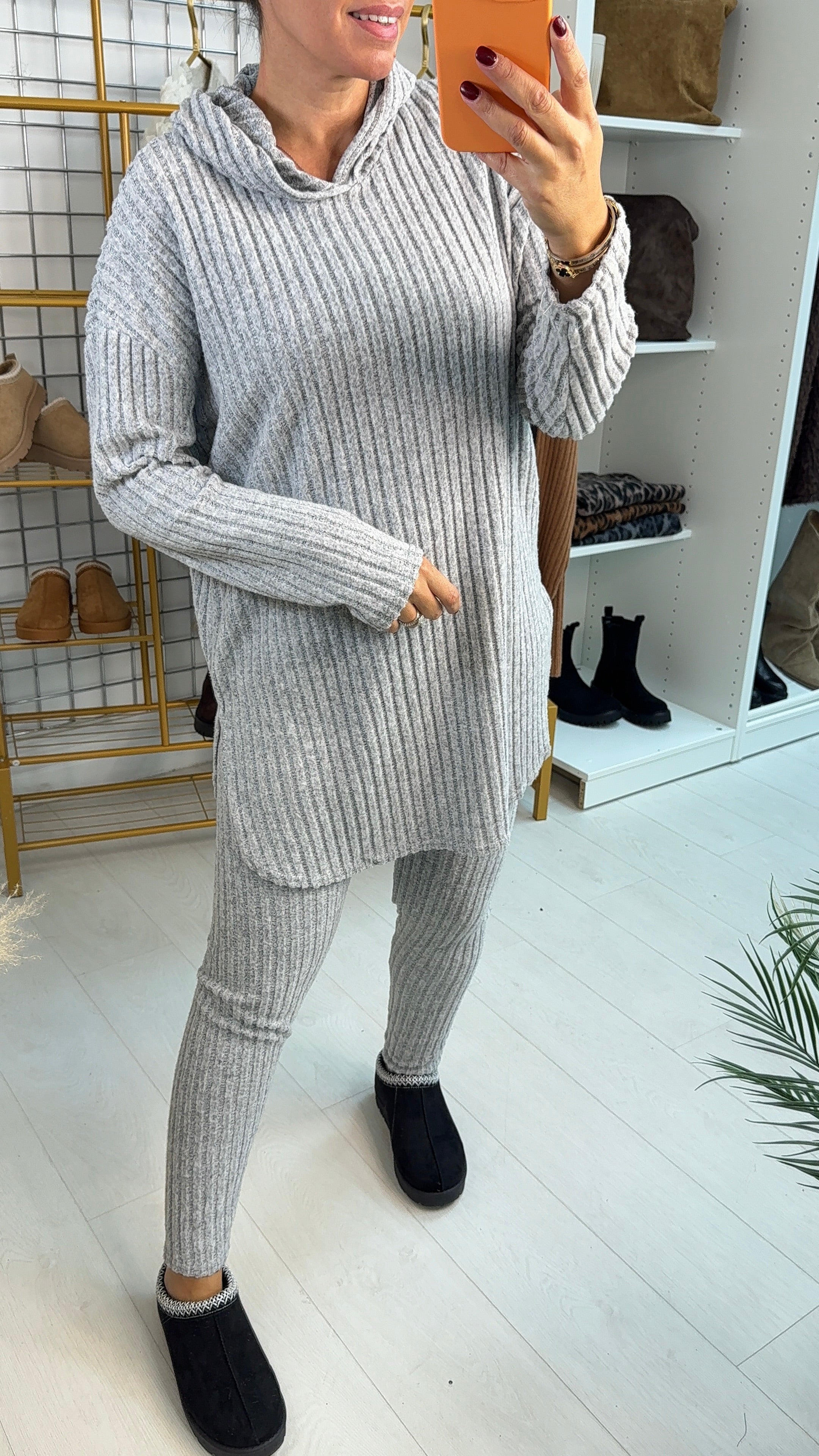 Yasmina Plain Ribbed Hooded Loungewear Set