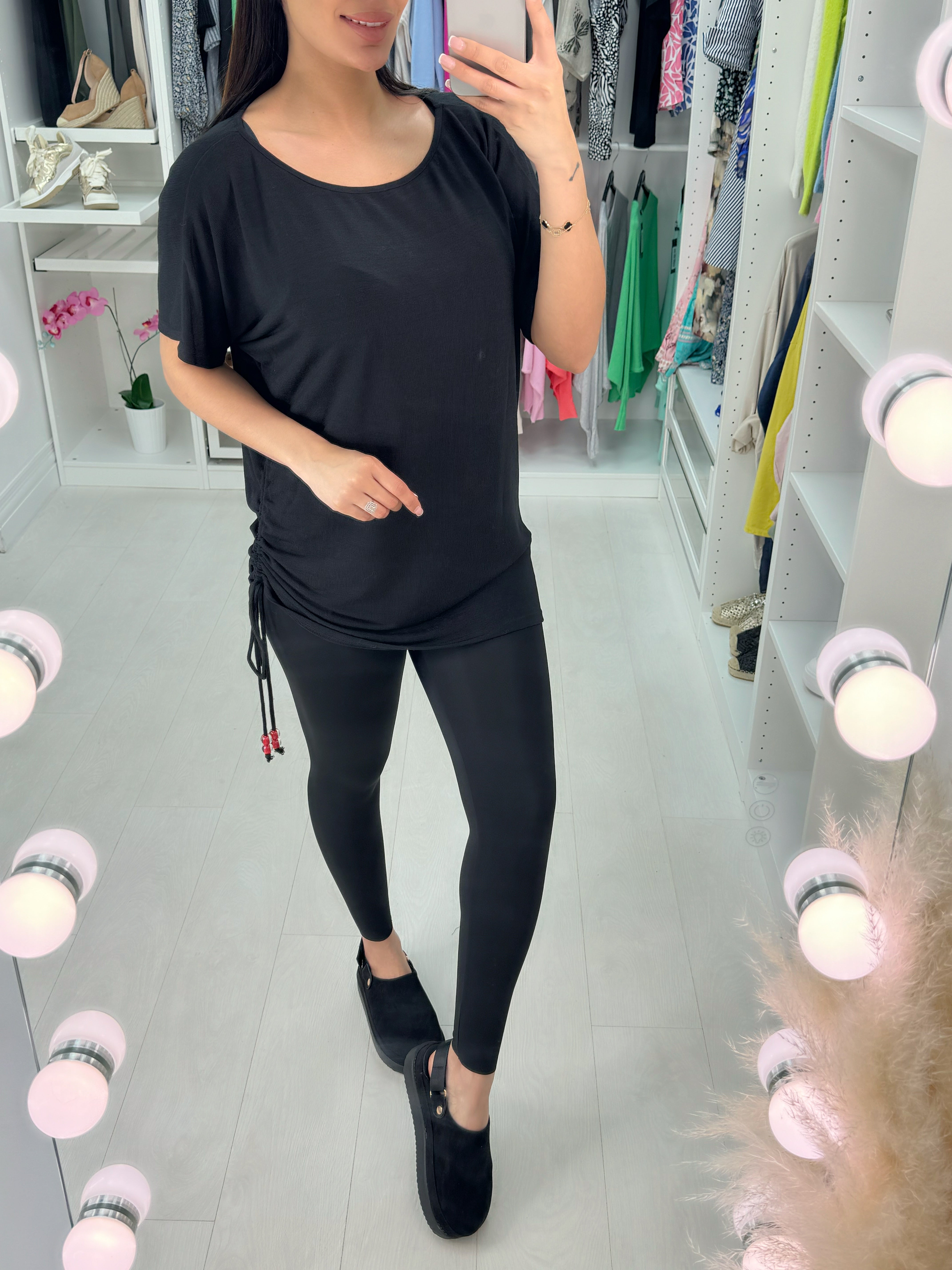 Saritta Black One Side Ruching Beaded Sleeve Top