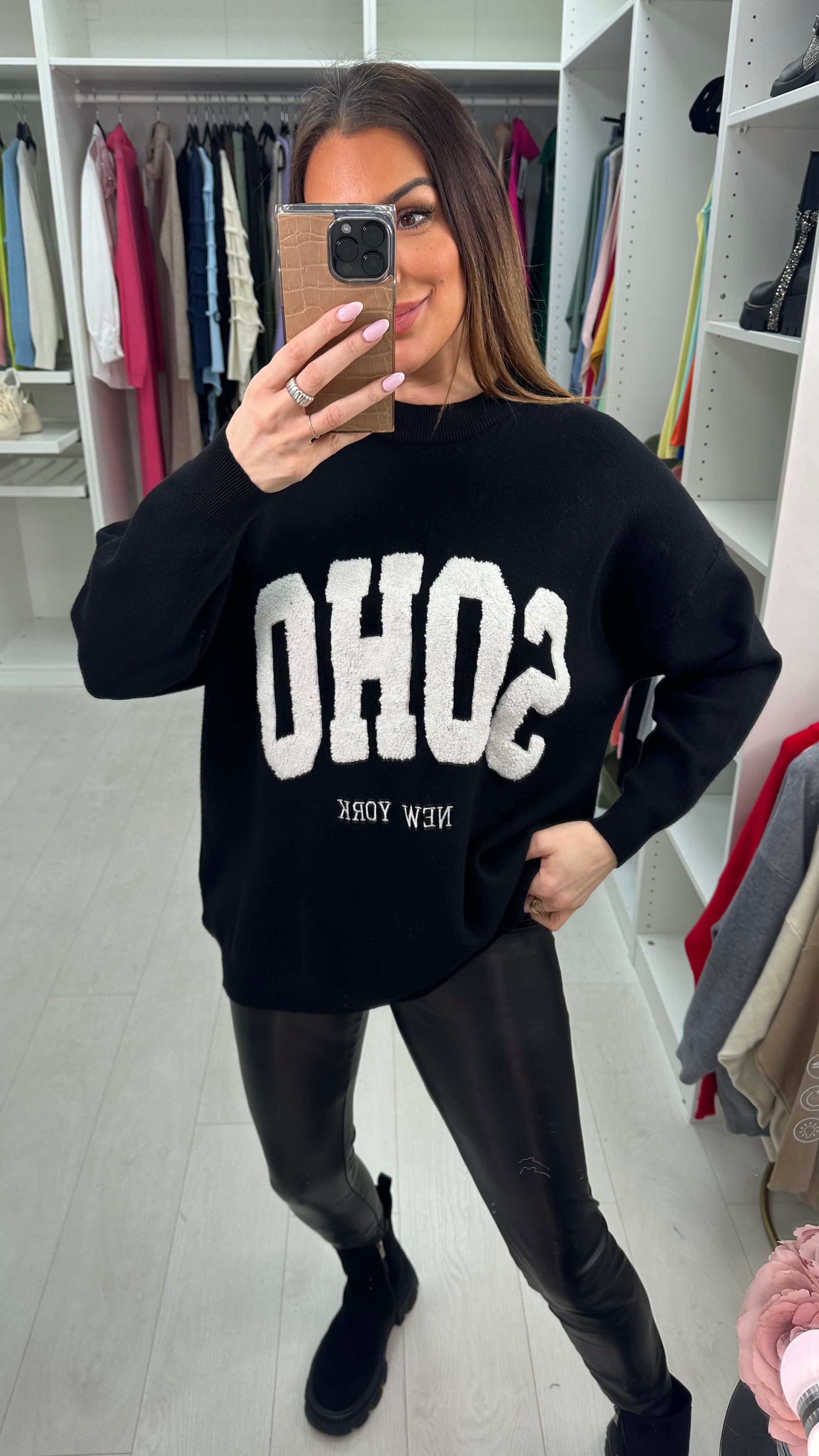 Naomi Boucle 'SOHO' Slogan Crew Neck Jumper