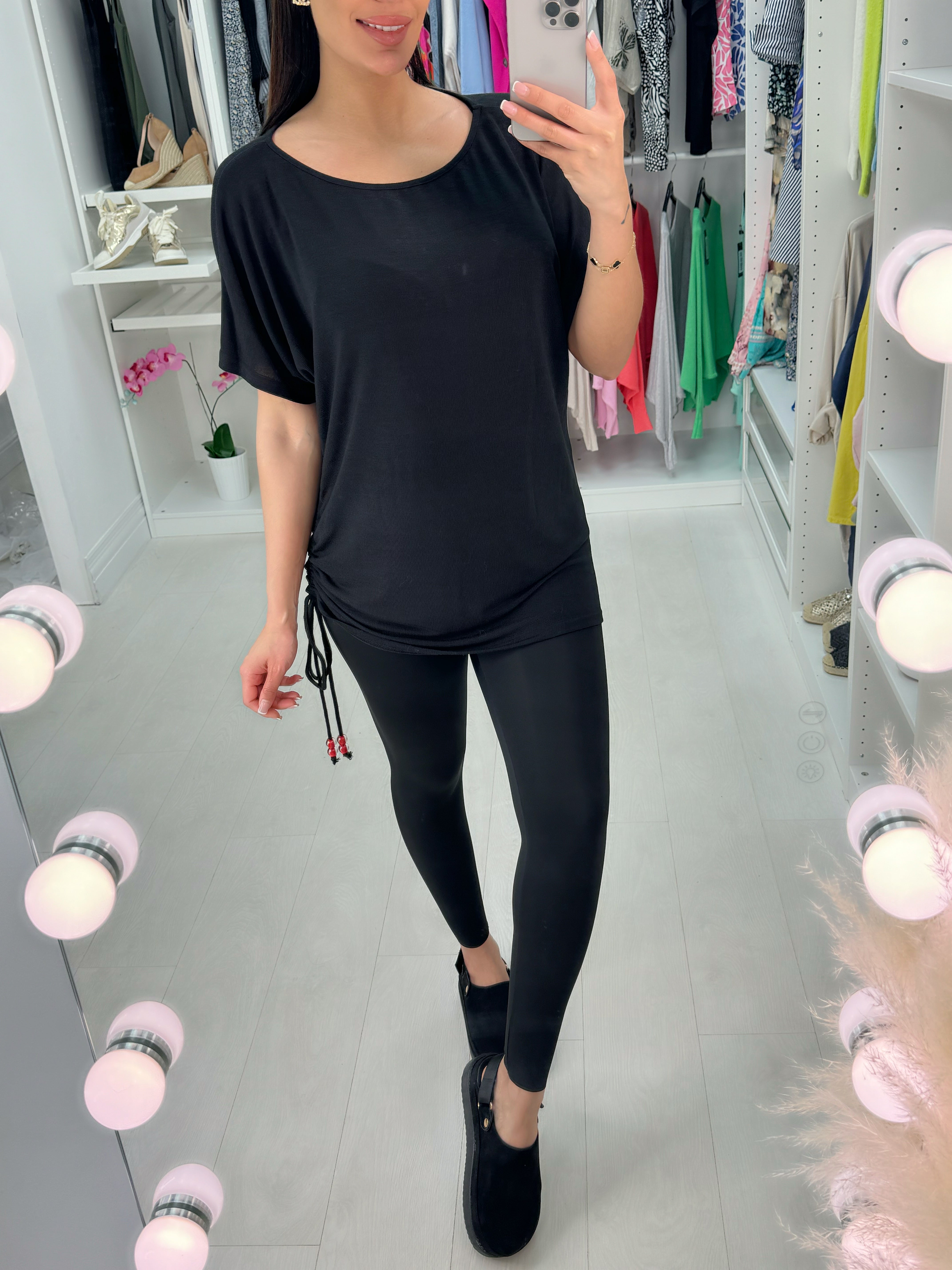 Saritta Black One Side Ruching Beaded Sleeve Top