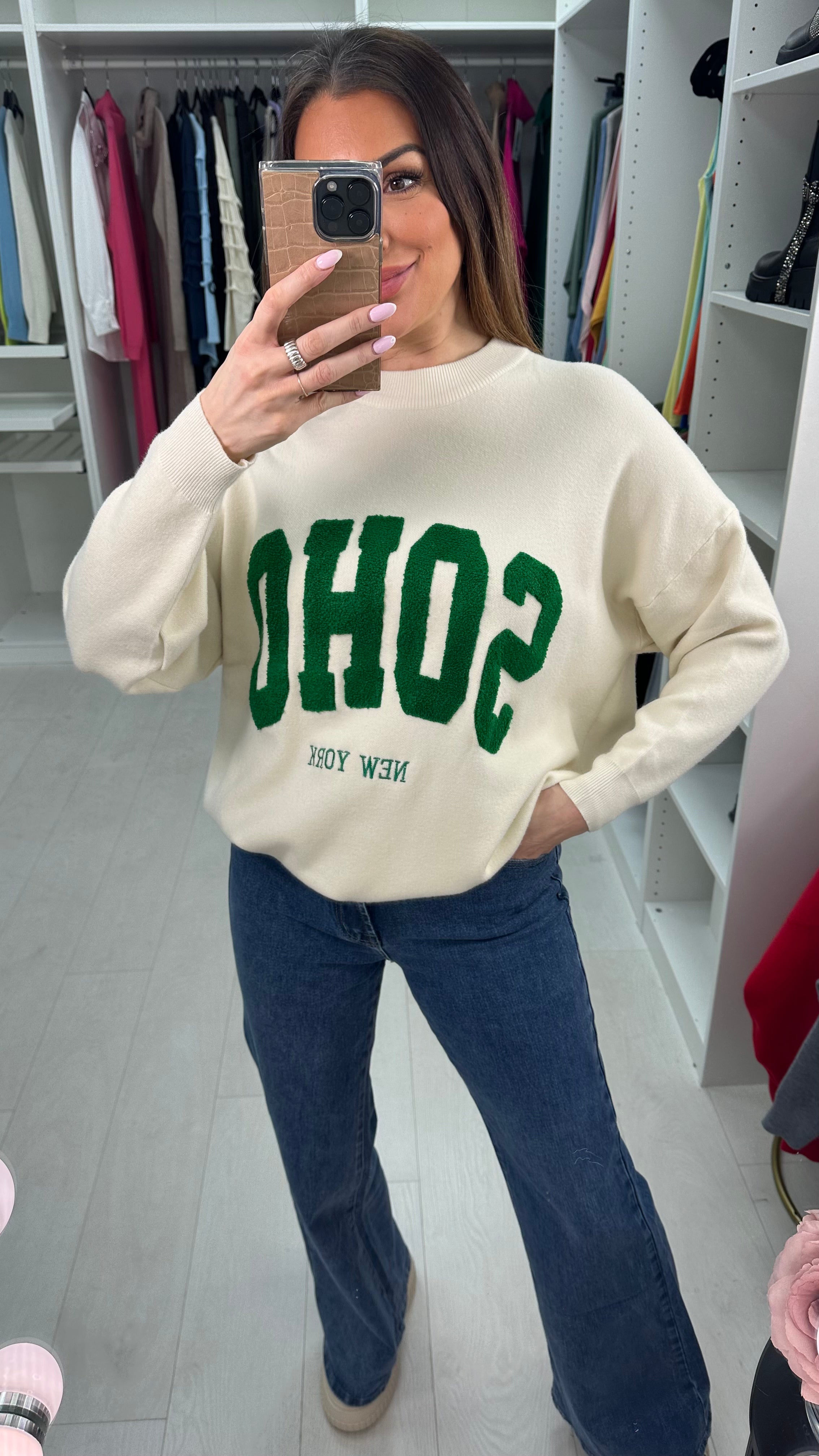Naomi Boucle 'SOHO' Slogan Crew Neck Jumper
