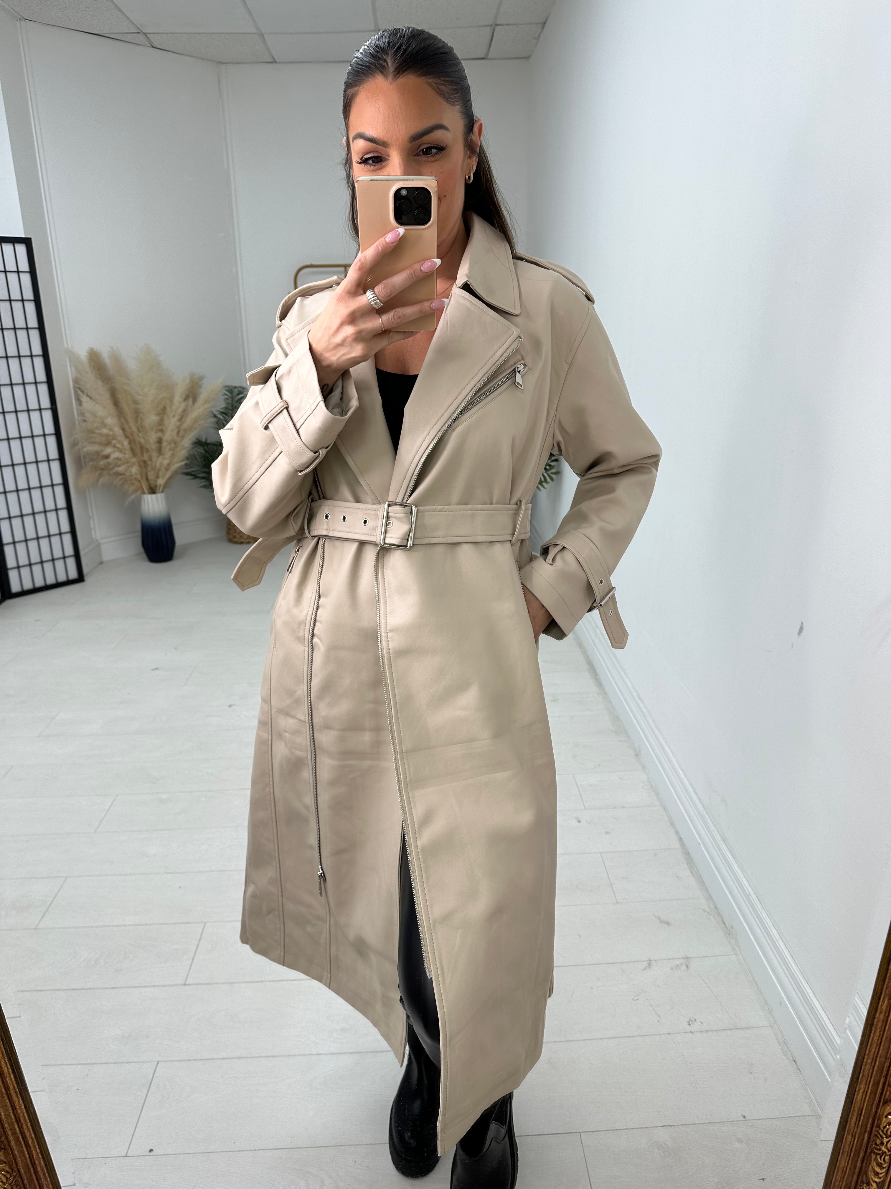 Thandie Faux Leather Belted Longline Jacket