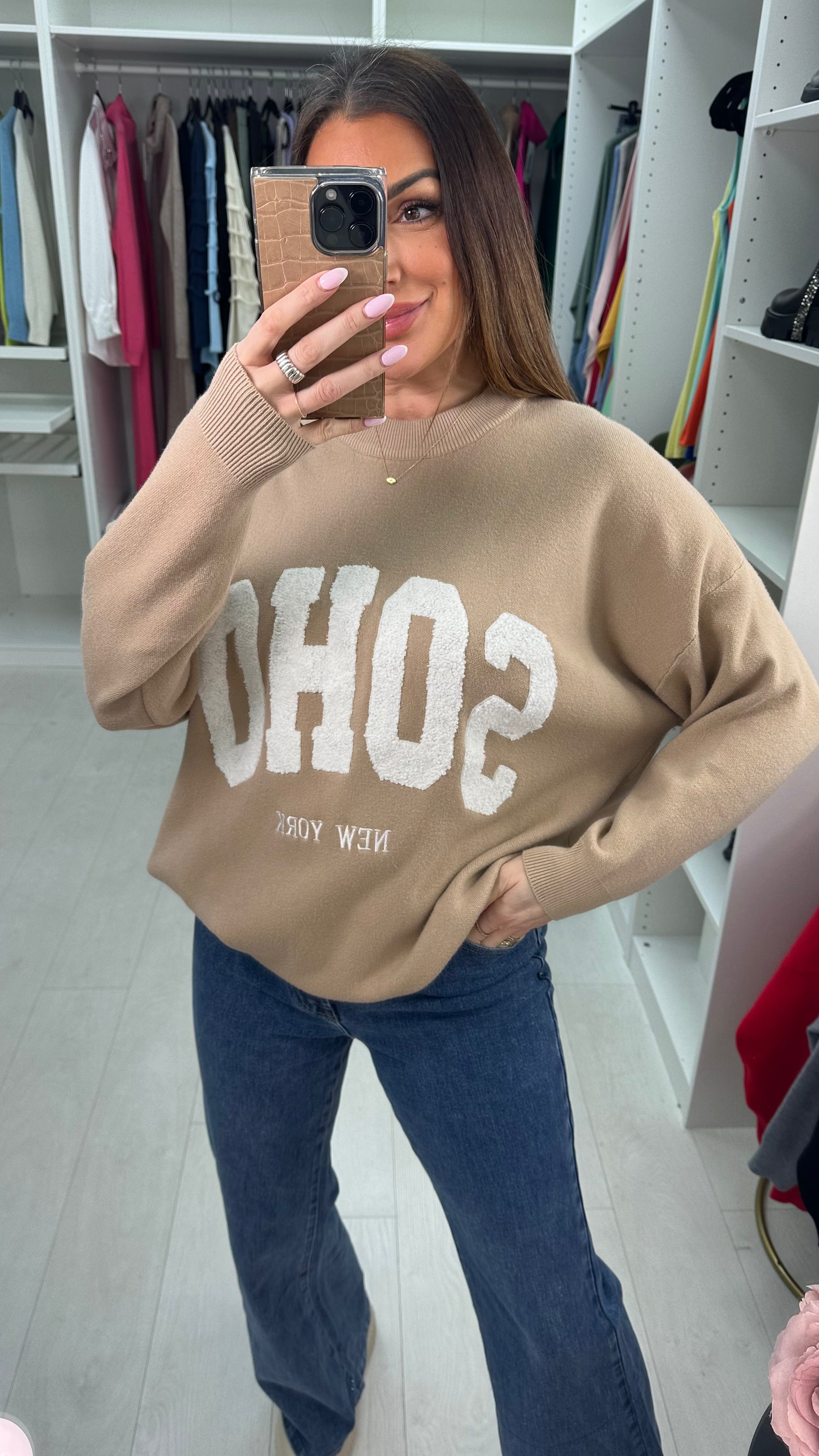 Naomi Boucle 'SOHO' Slogan Crew Neck Jumper