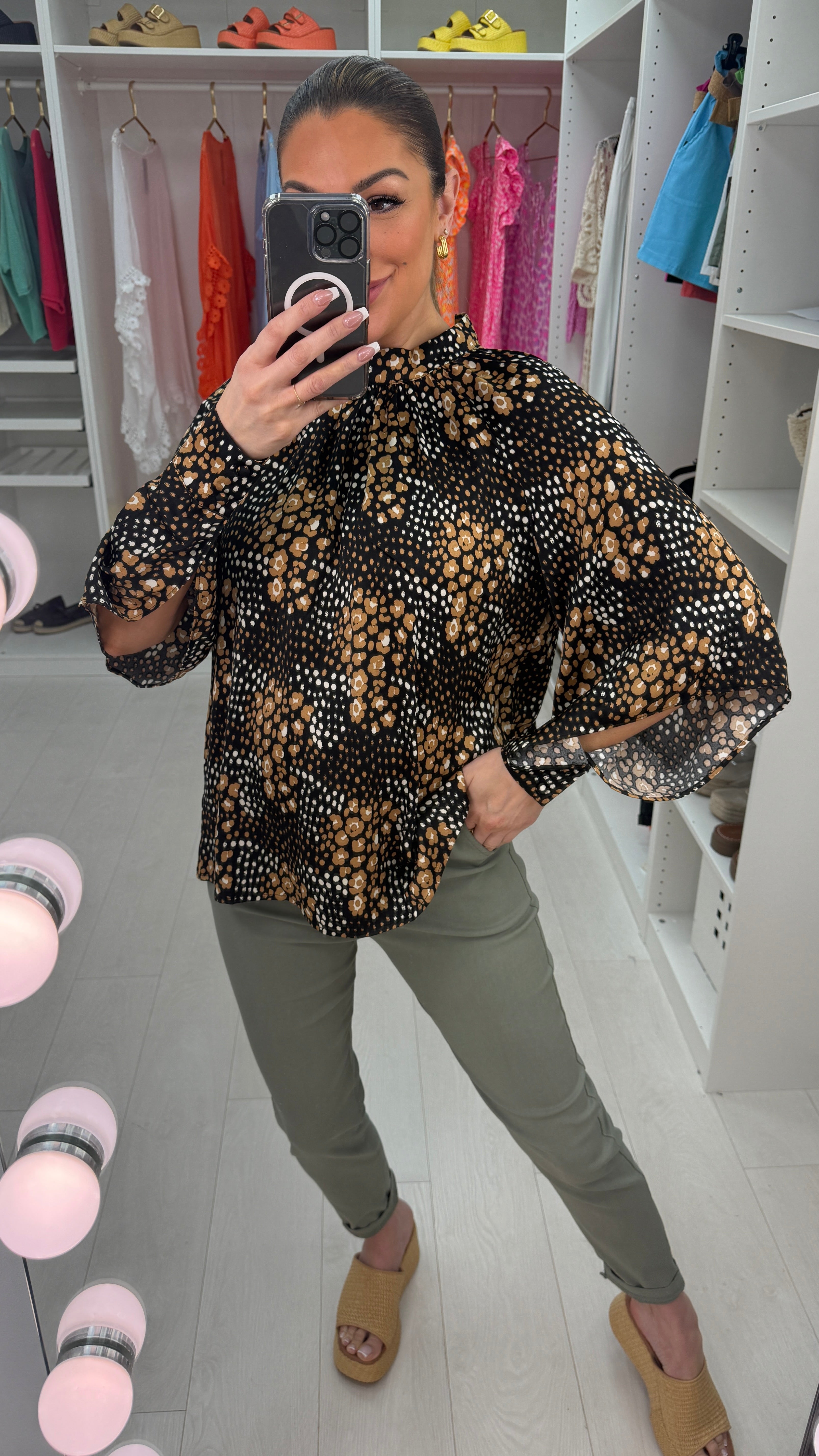 Henley Satin Graphic Print Blouse