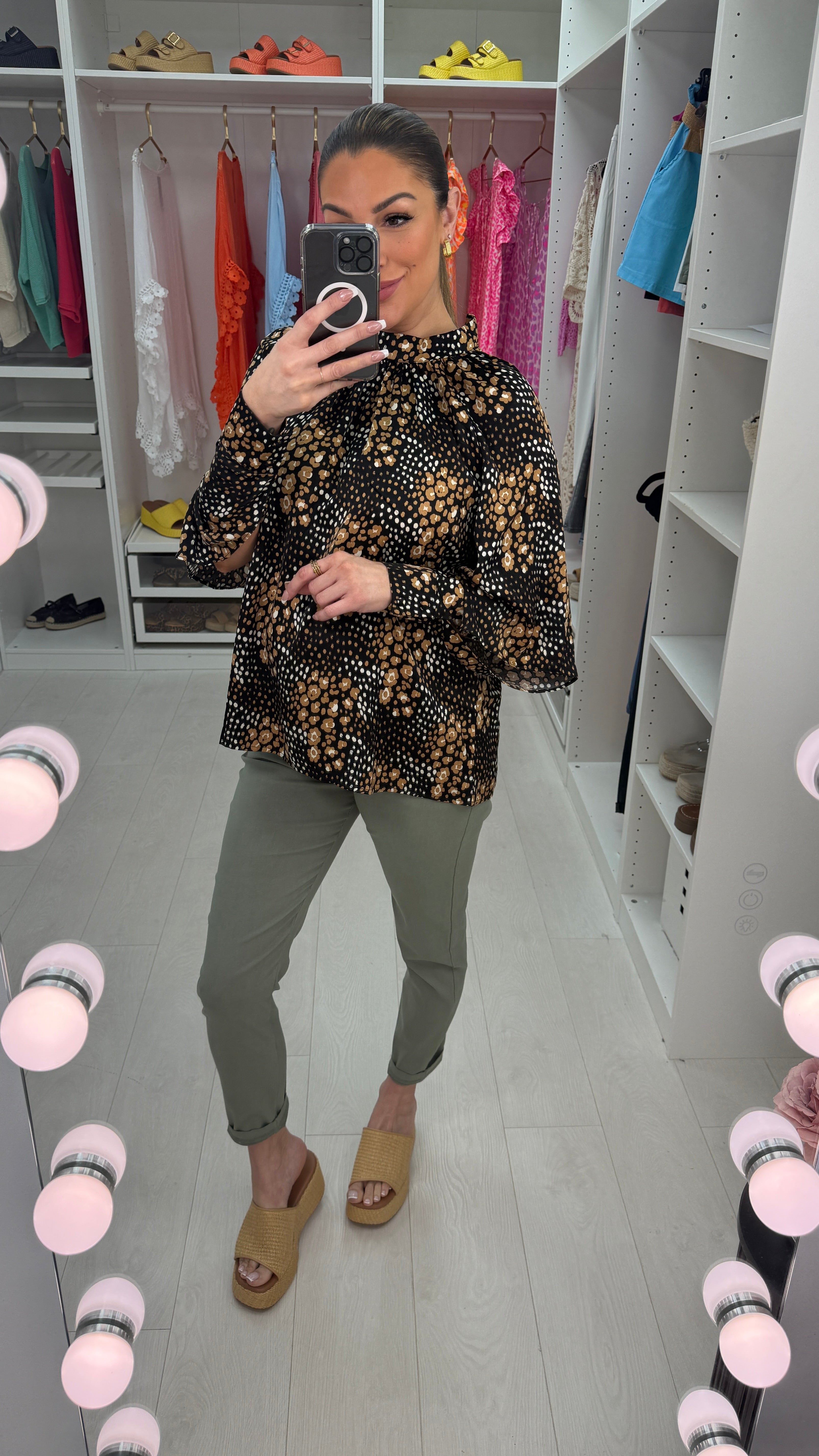 Henley Satin Graphic Print Blouse