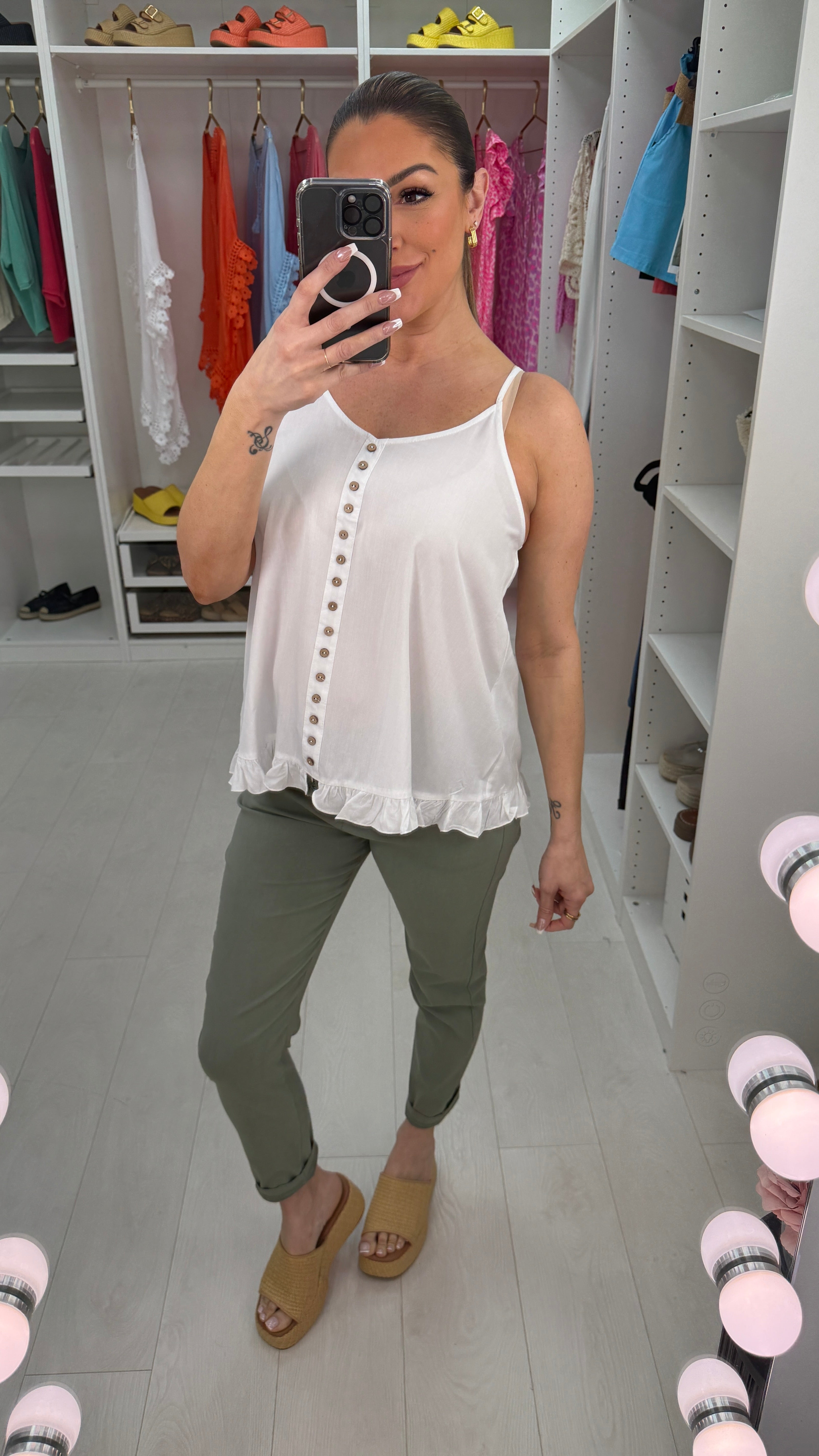 Rachey White Button Front Frill Hem Cami