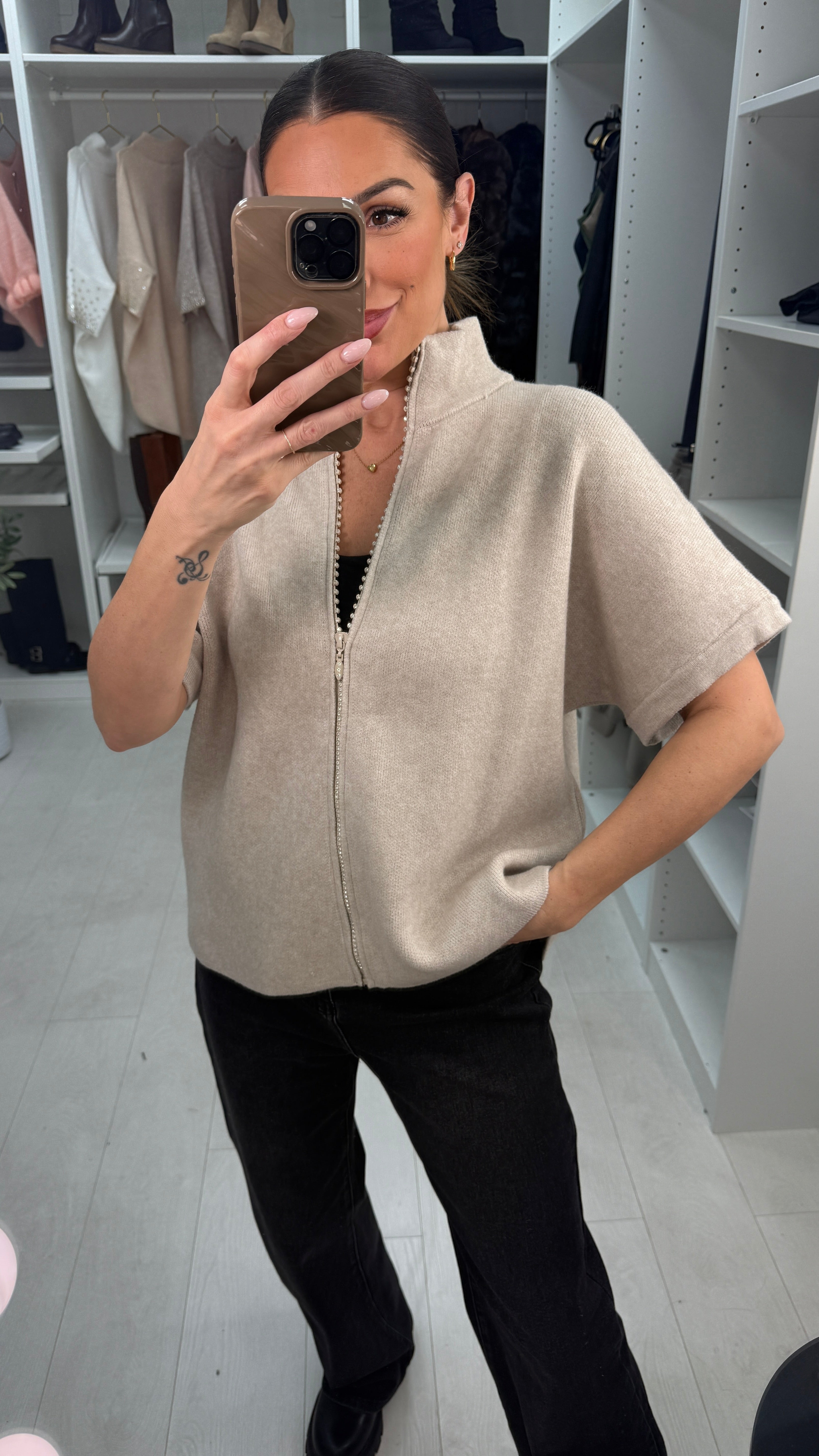 Jemma High Neck Diamante Zip Detail Super Soft Cardigan