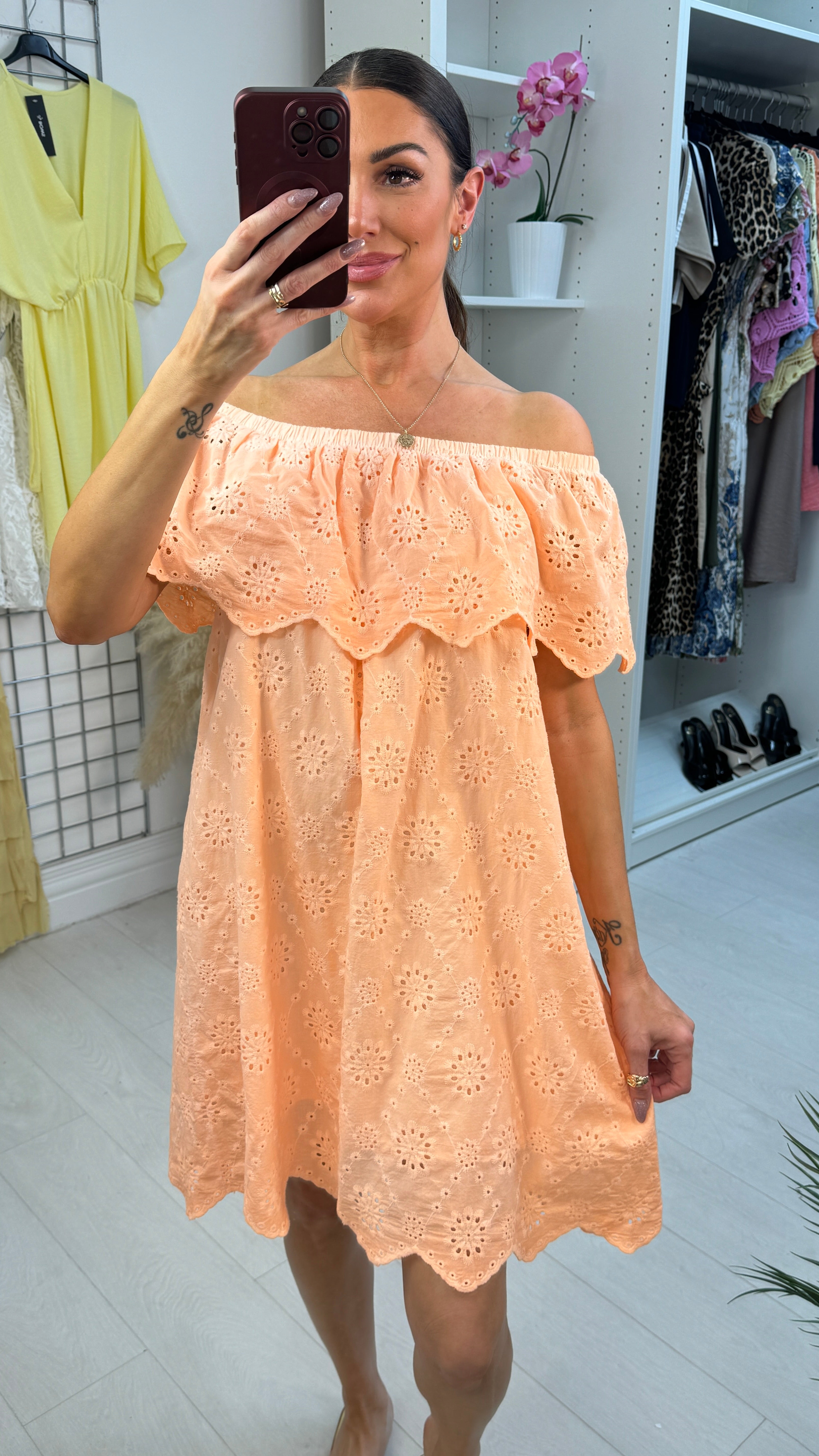 Jamila Plain Broidery Anglaise Bardot Midi Dress