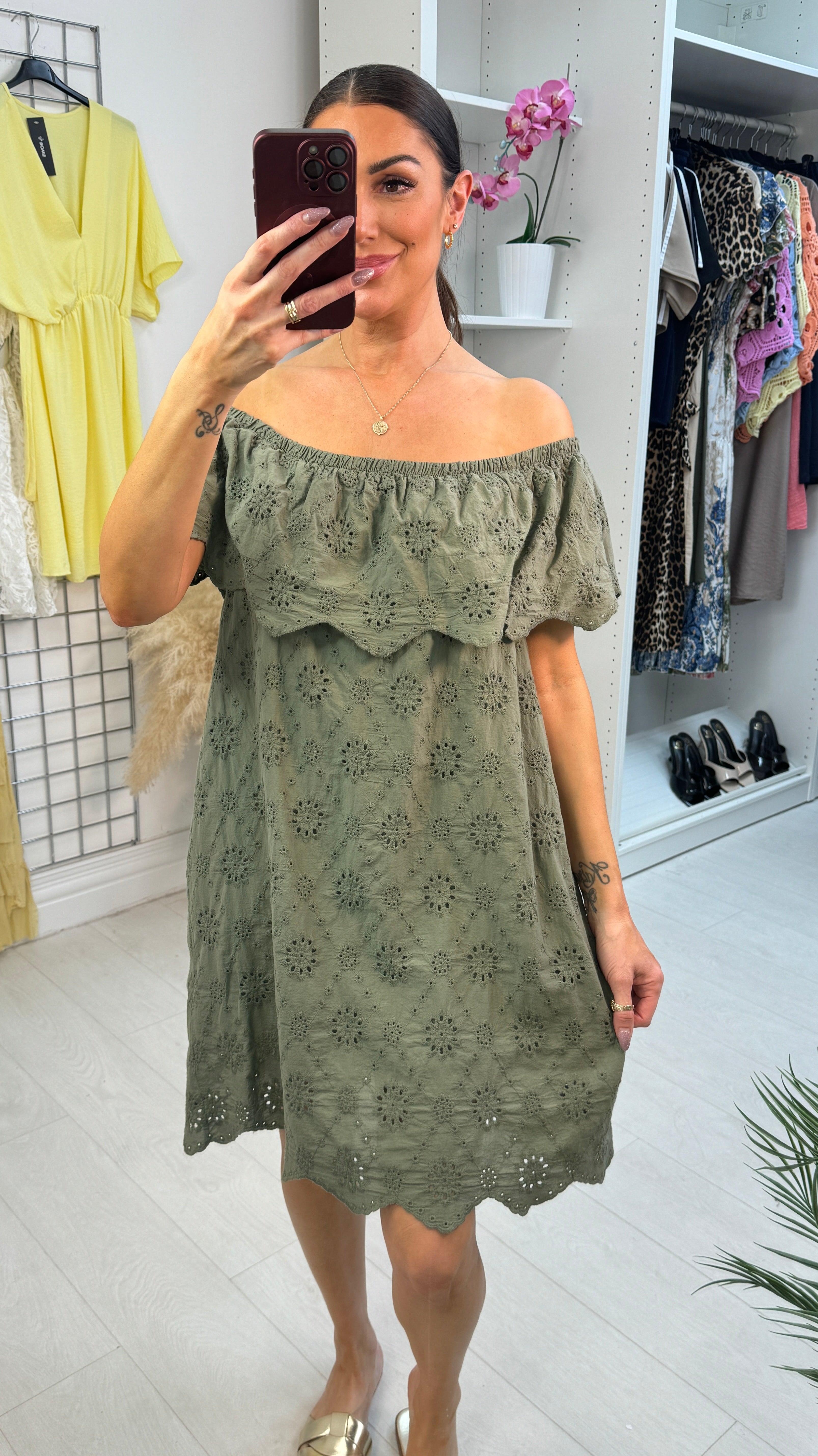 Jamila Plain Broidery Anglaise Bardot Midi Dress