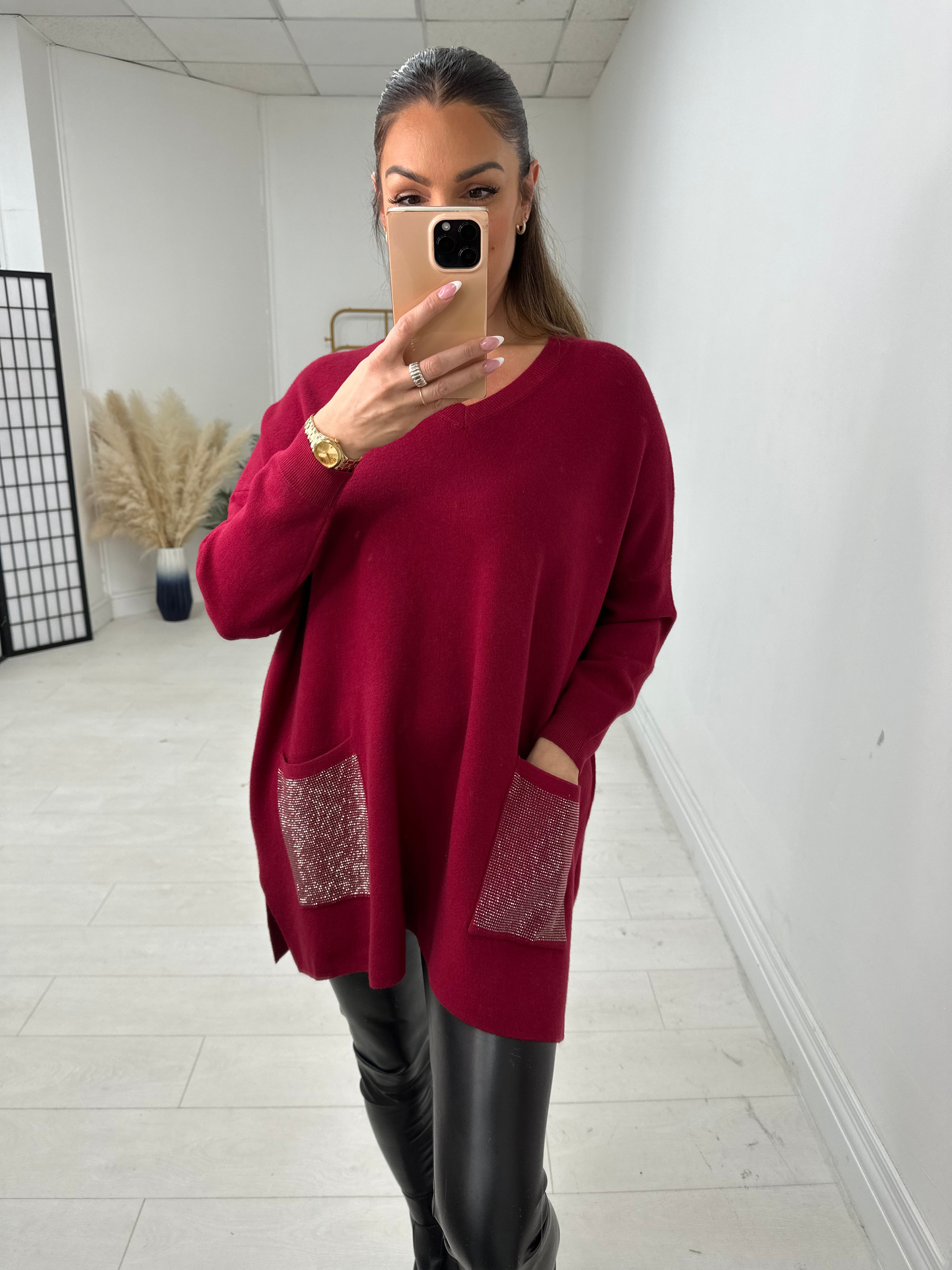 Robin Oversized Diamante Pocket Front Jumper