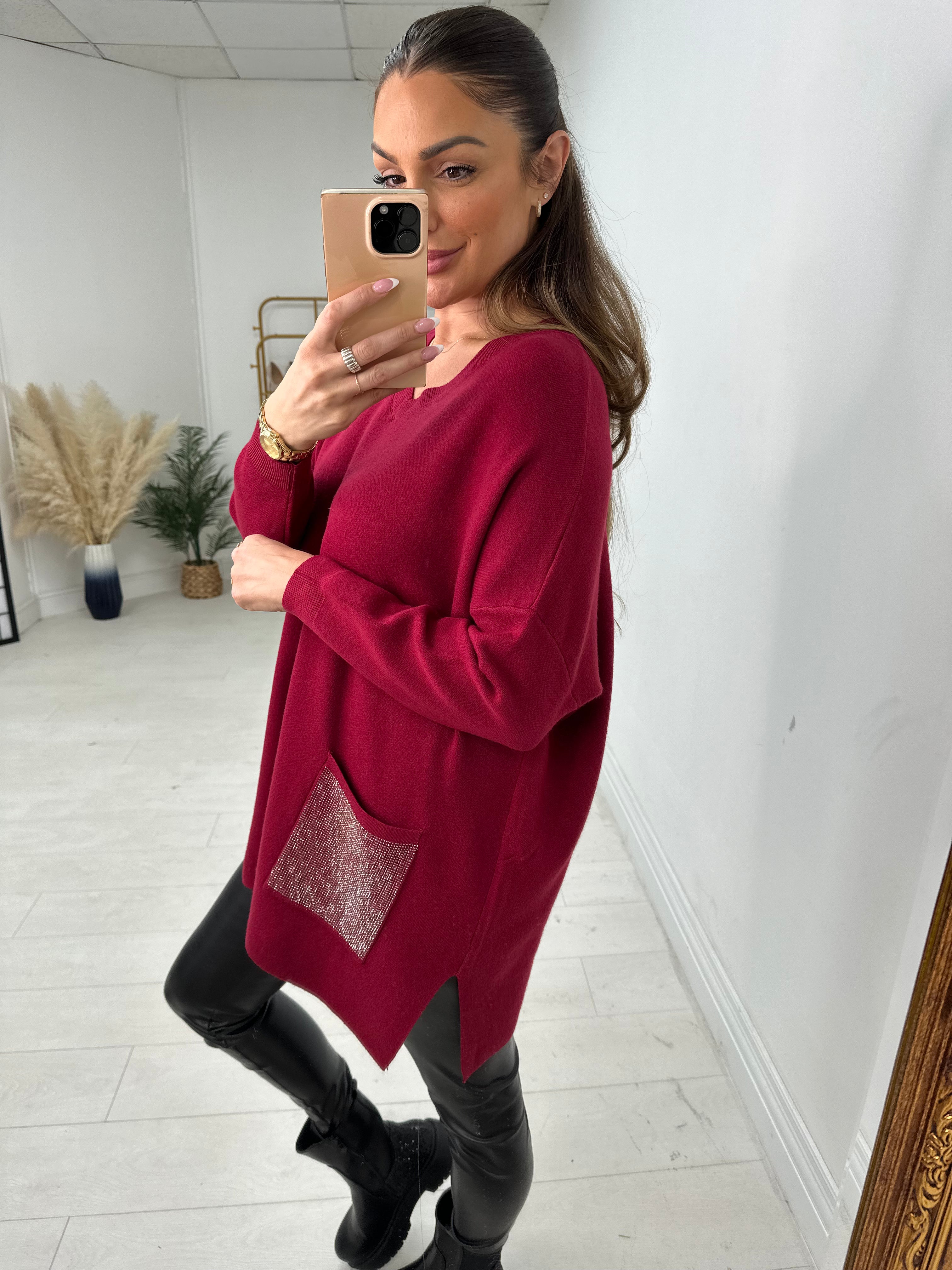 Robin Oversized Diamante Pocket Front Jumper