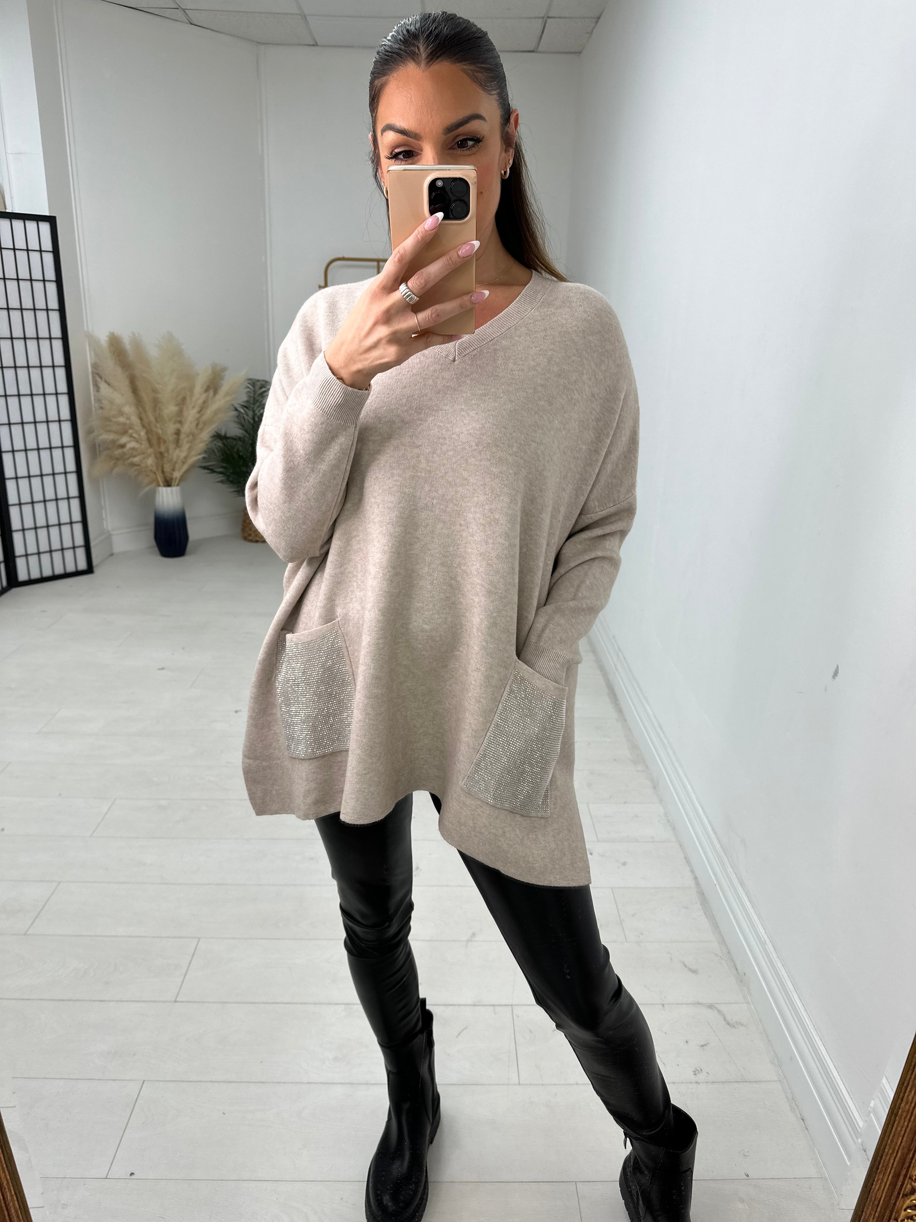 Robin Oversized Diamante Pocket Front Jumper