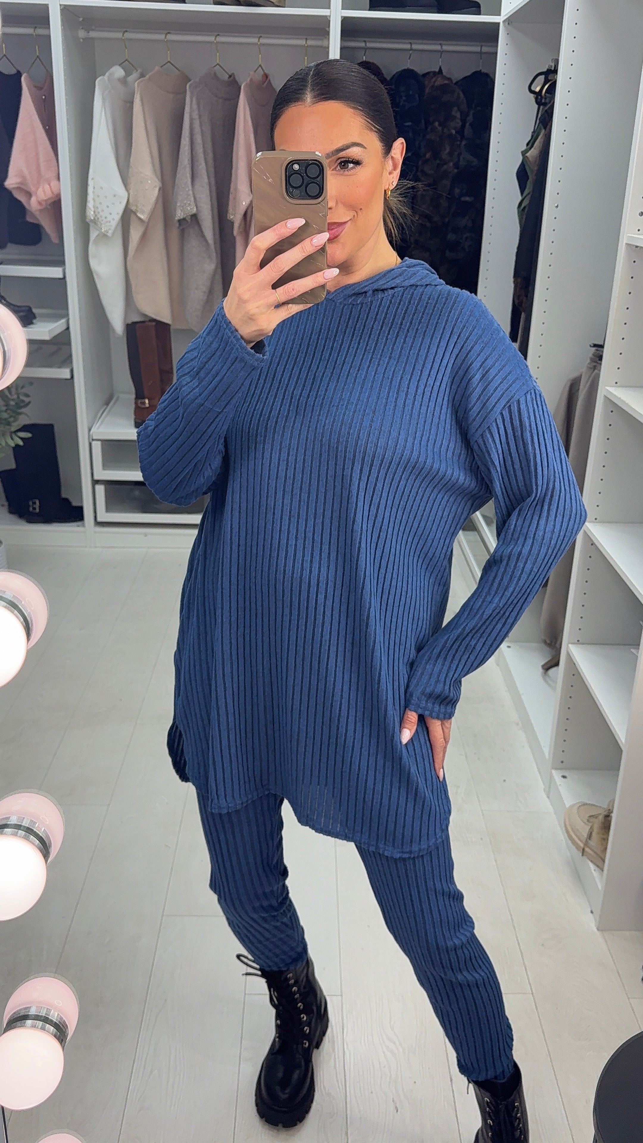 Yasmina Plain Ribbed Hooded Loungewear Set