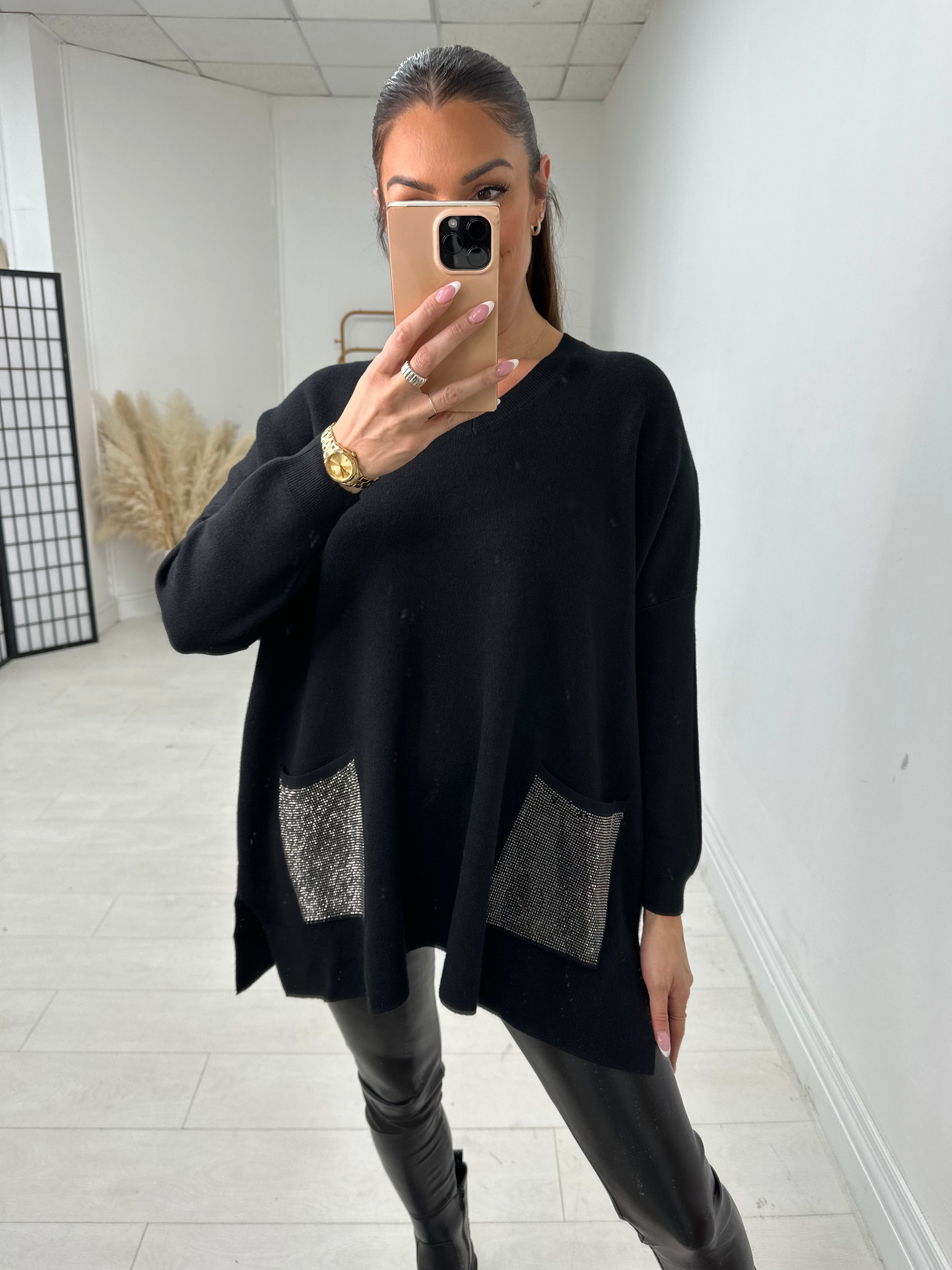 Robin Oversized Diamante Pocket Front Jumper