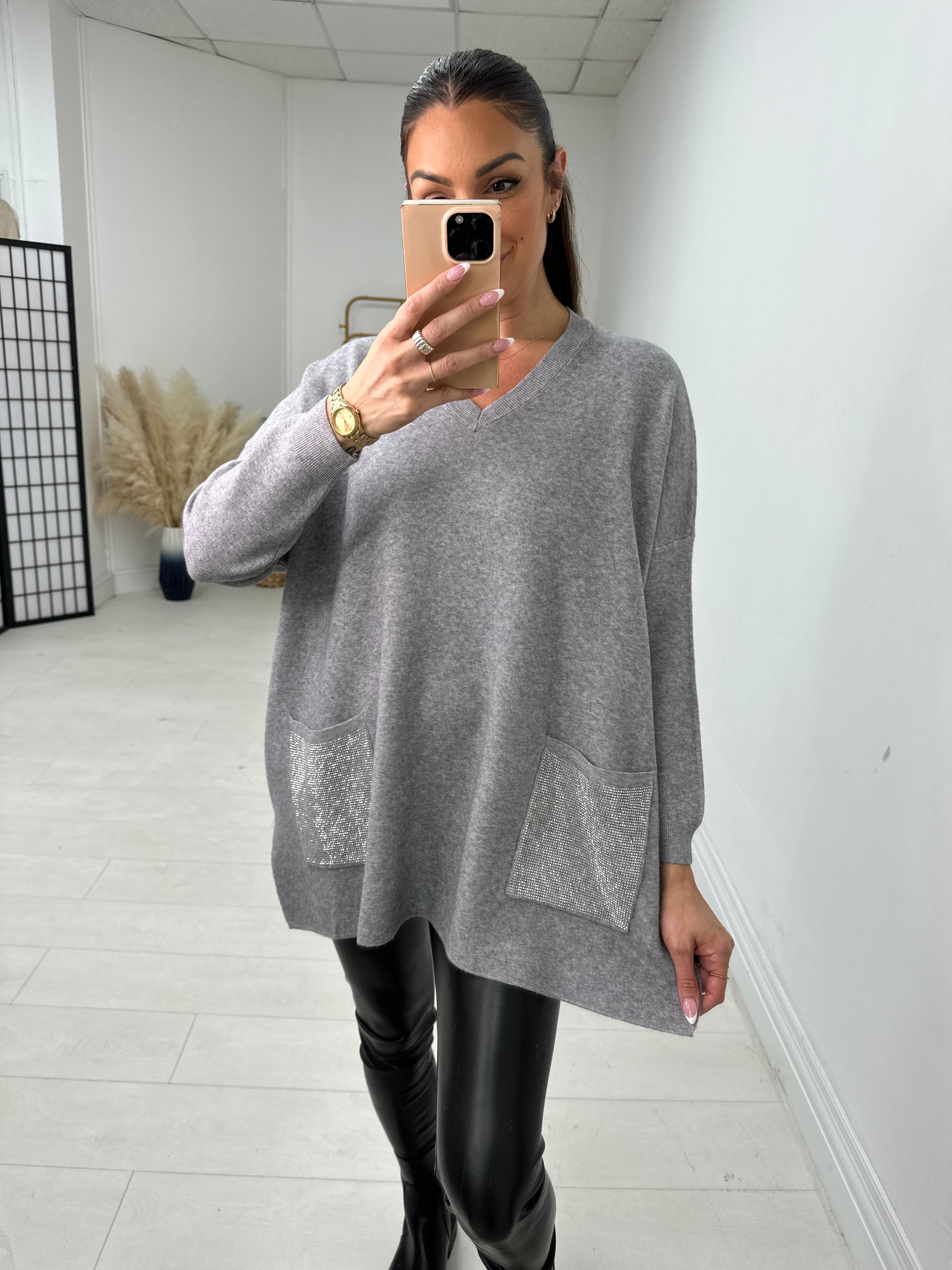 Robin Oversized Diamante Pocket Front Jumper