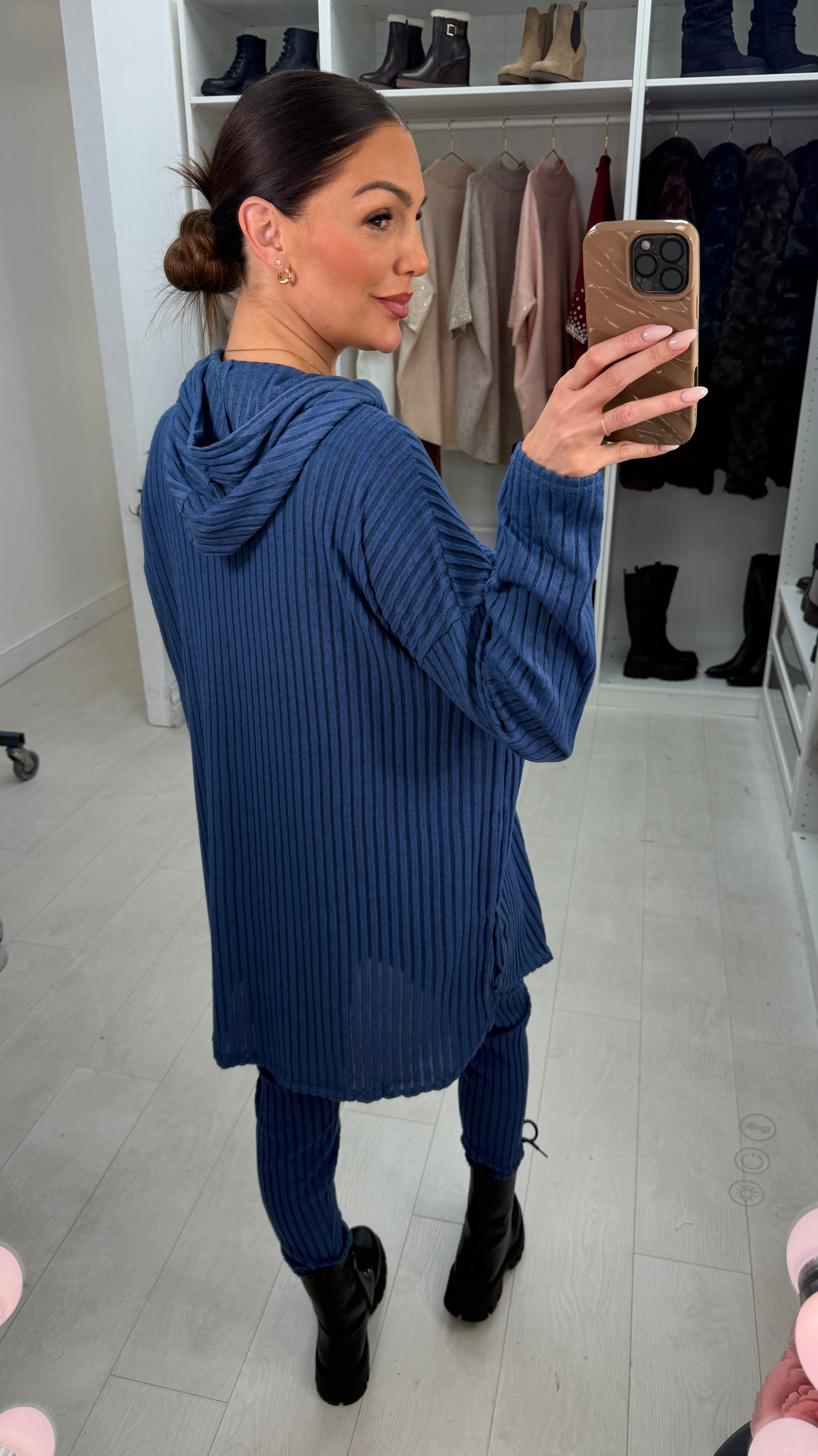 Yasmina Plain Ribbed Hooded Loungewear Set