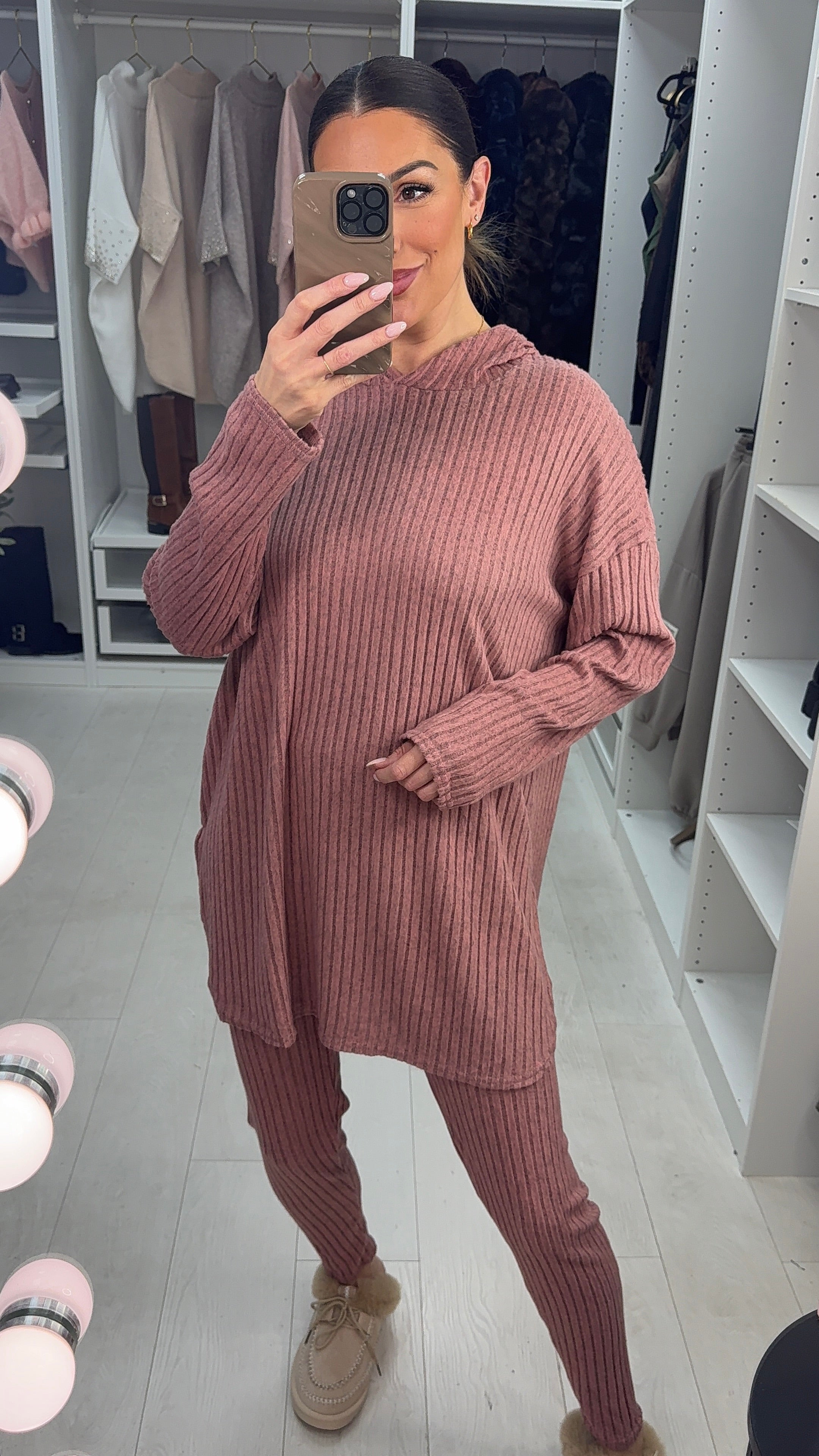 Yasmina Plain Ribbed Hooded Loungewear Set
