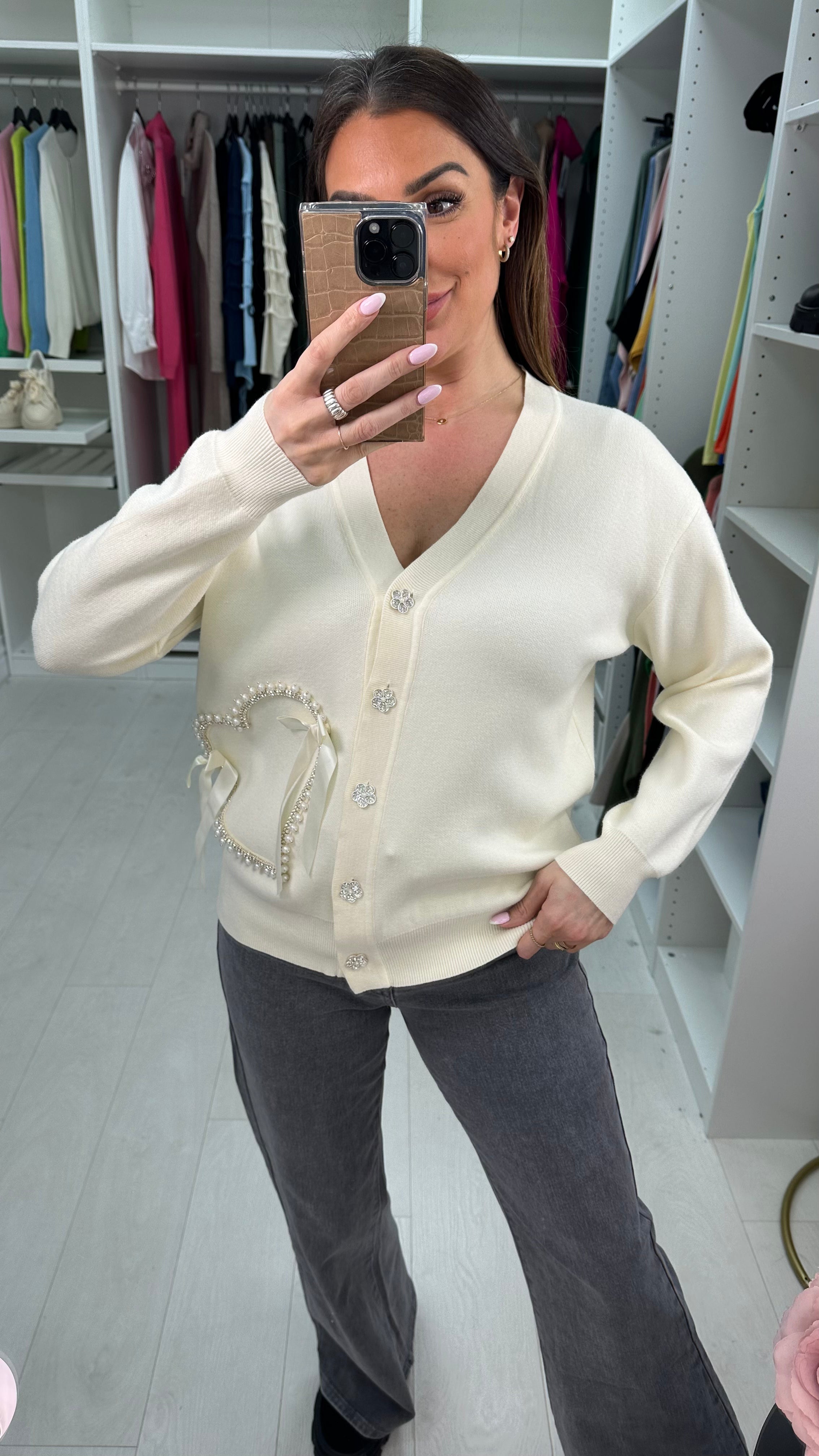 Elliana Embellished Heart V Neck Cardigan