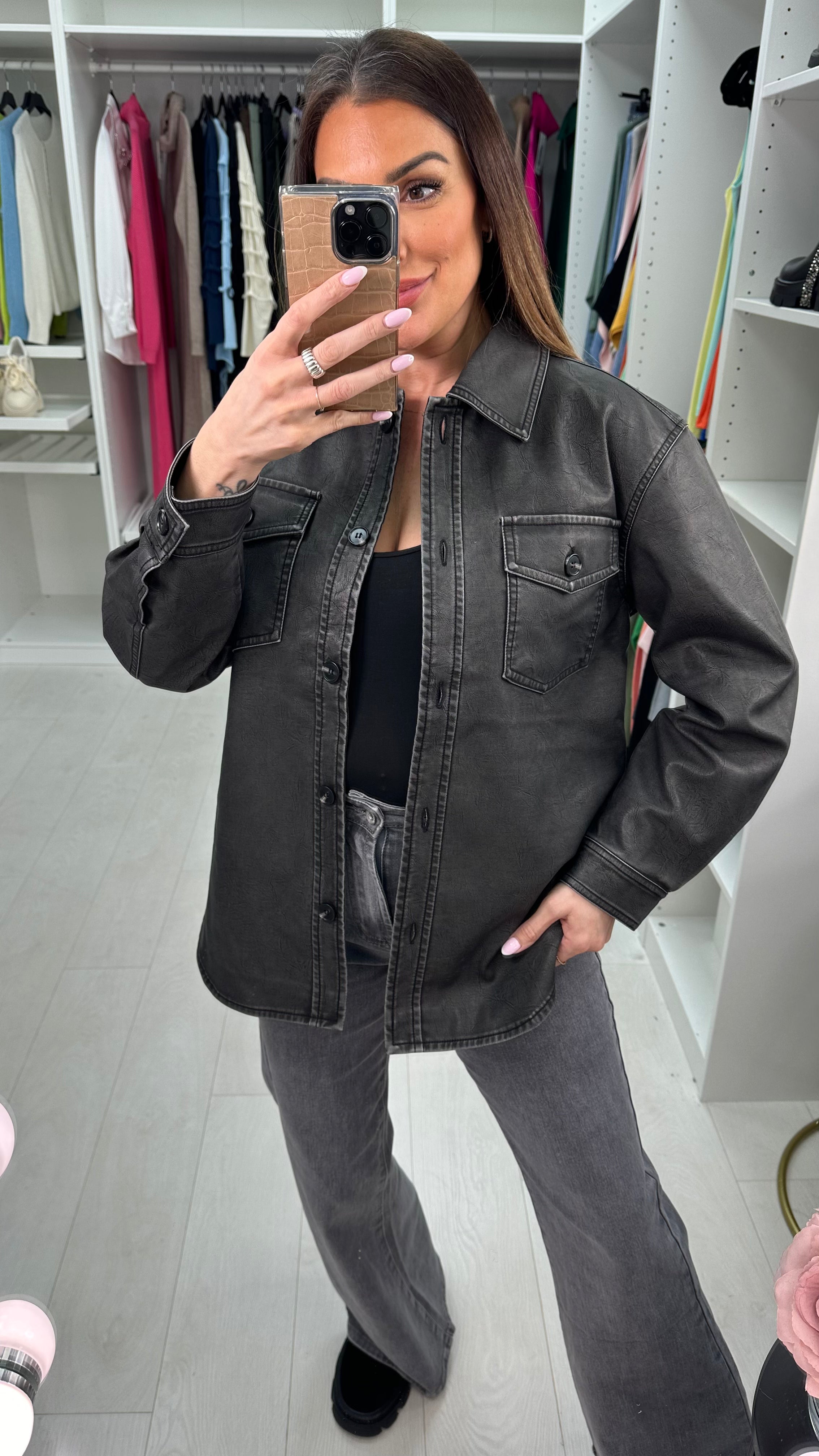 Brooklyn Dipped Hem Faux Leather Shirt