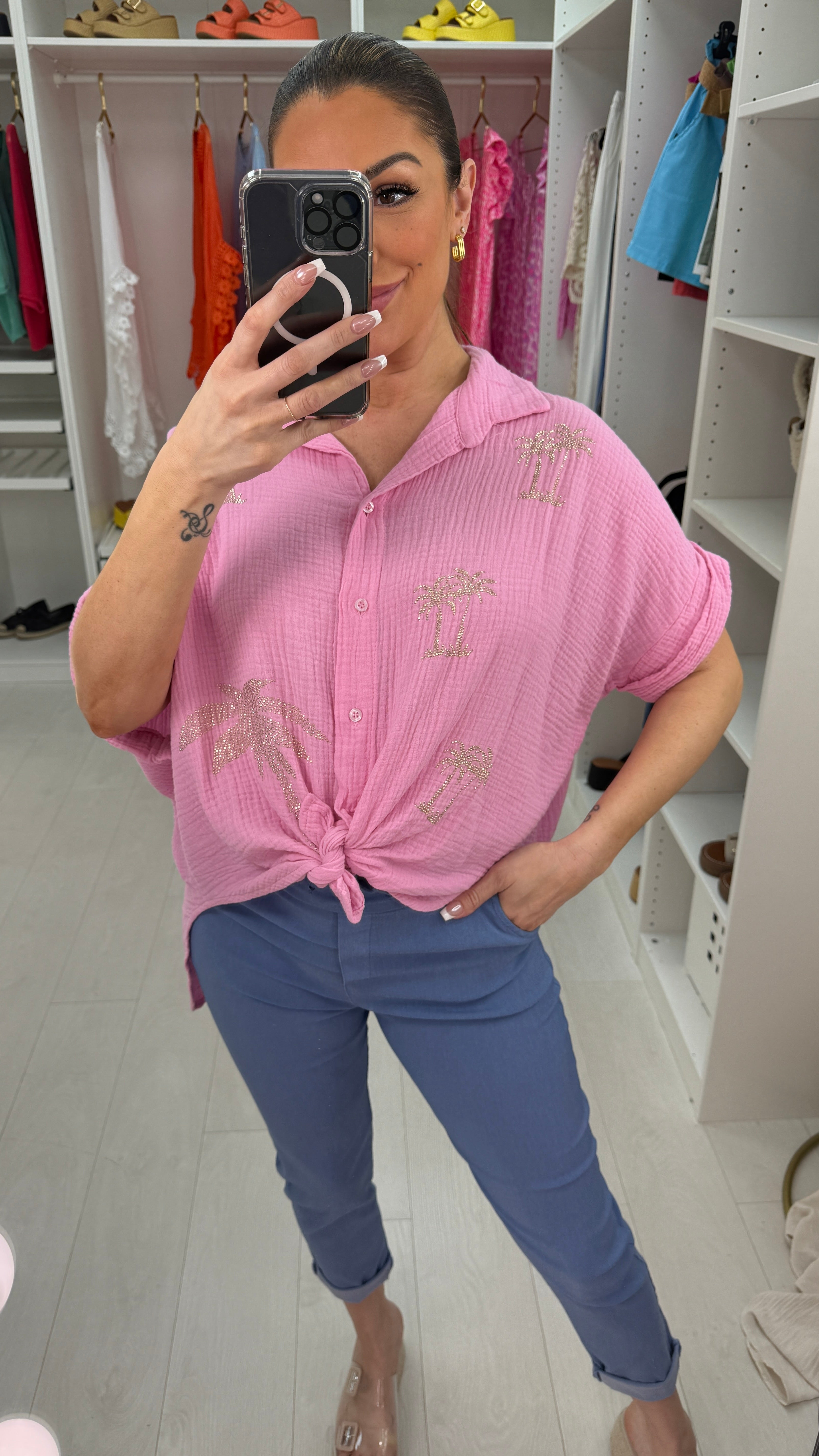 Martyna Embellished Palm Tree Cheesecloth Shirt