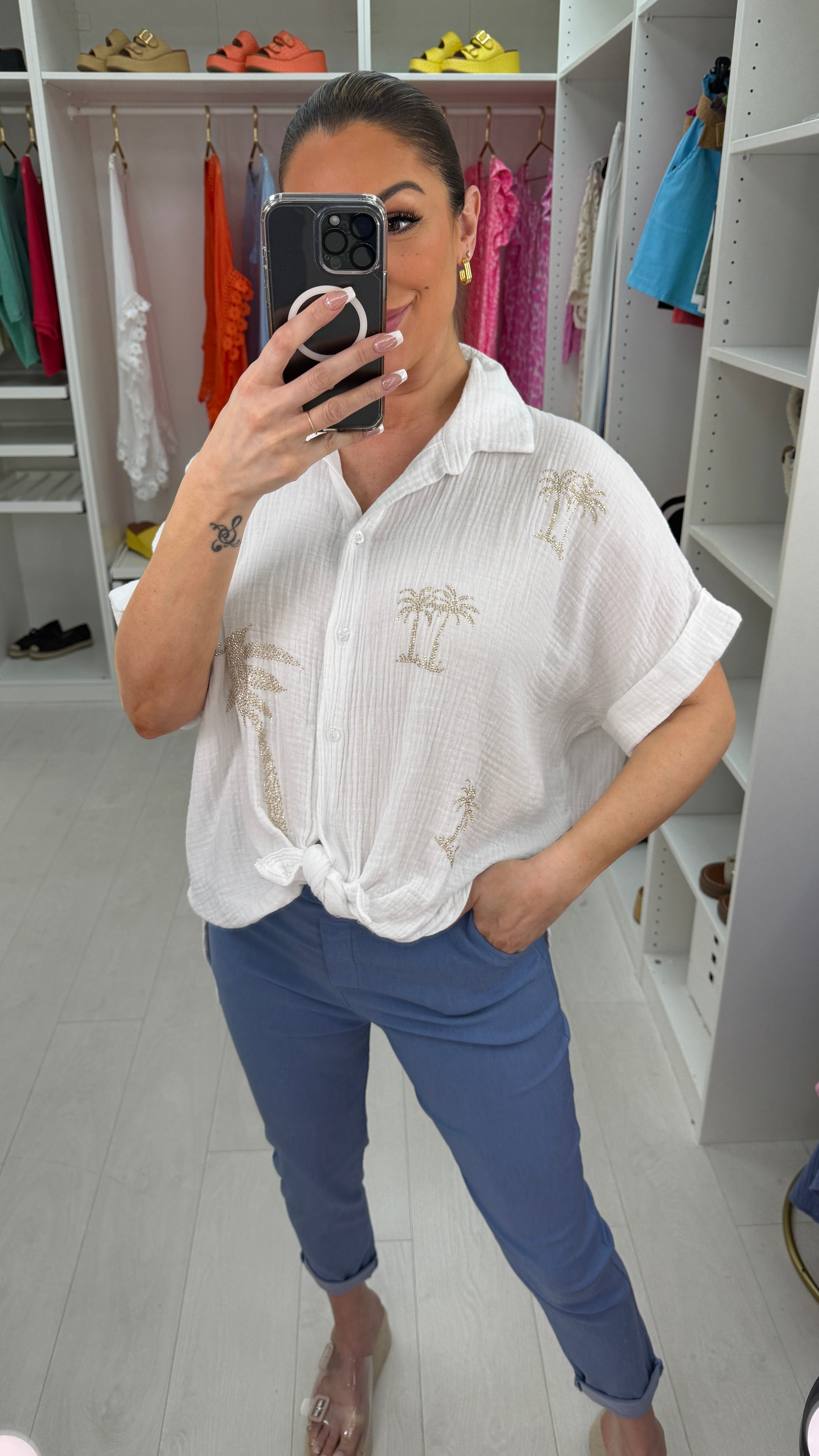 Martyna Embellished Palm Tree Cheesecloth Shirt