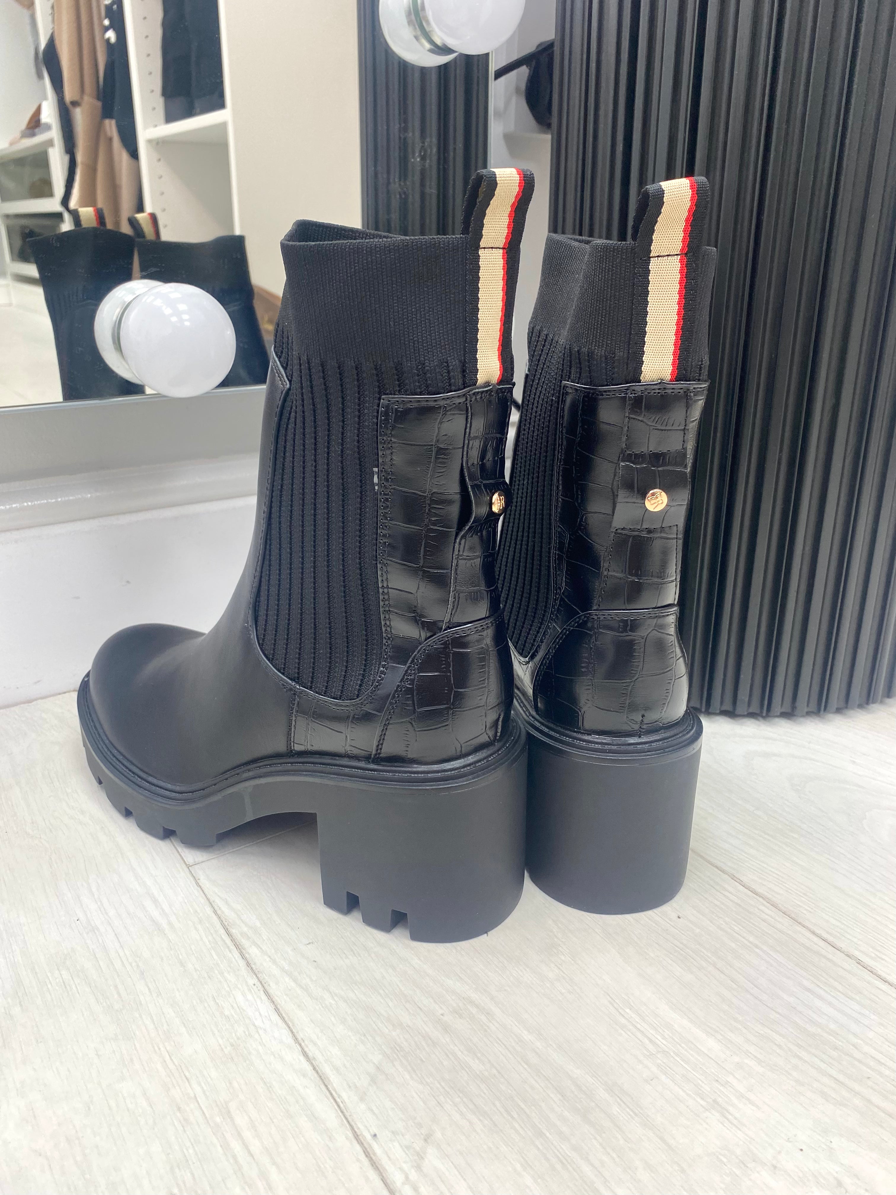 Marco Black Faux Leather Ribbed Sock Boots