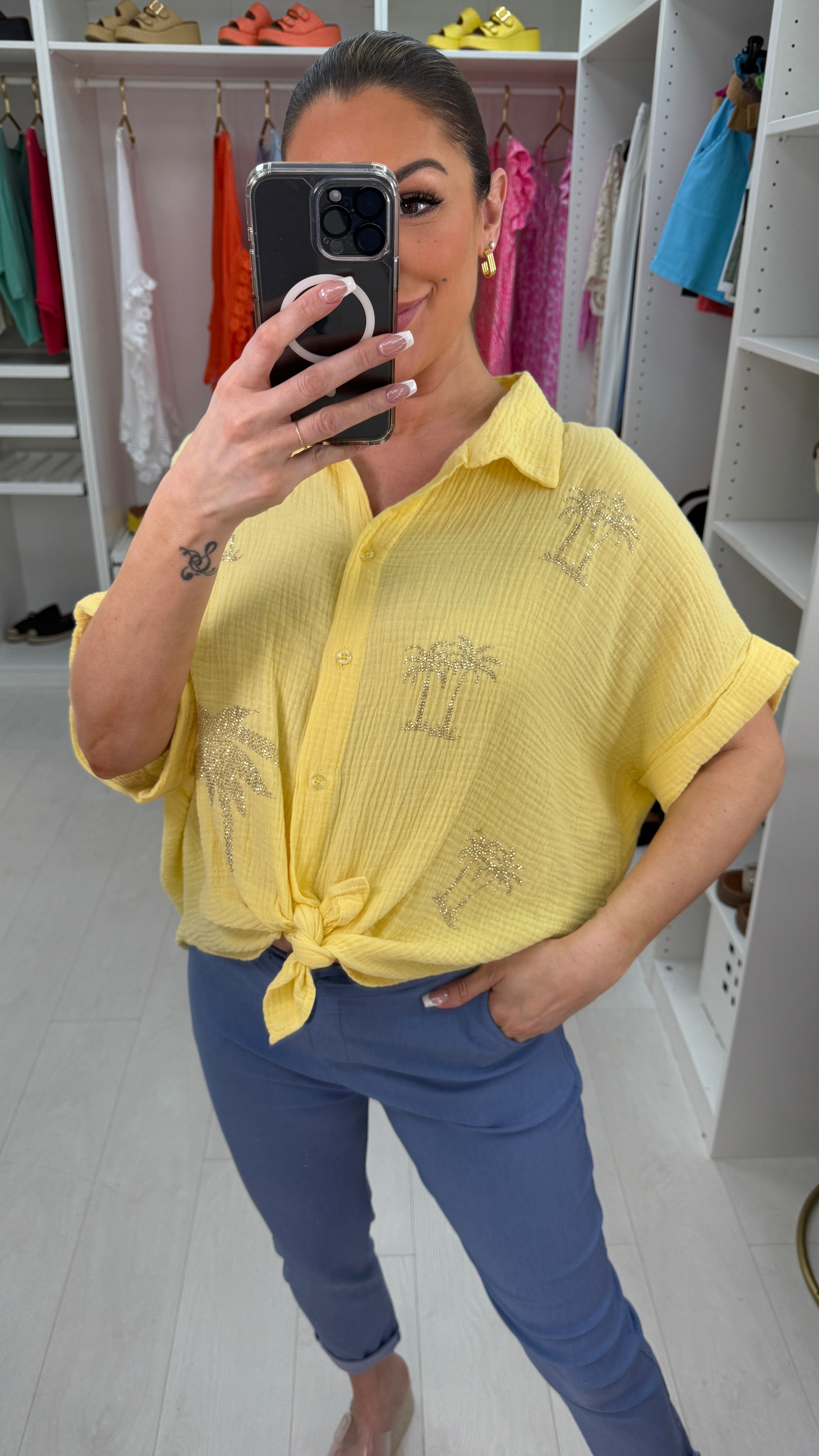 Martyna Embellished Palm Tree Cheesecloth Shirt