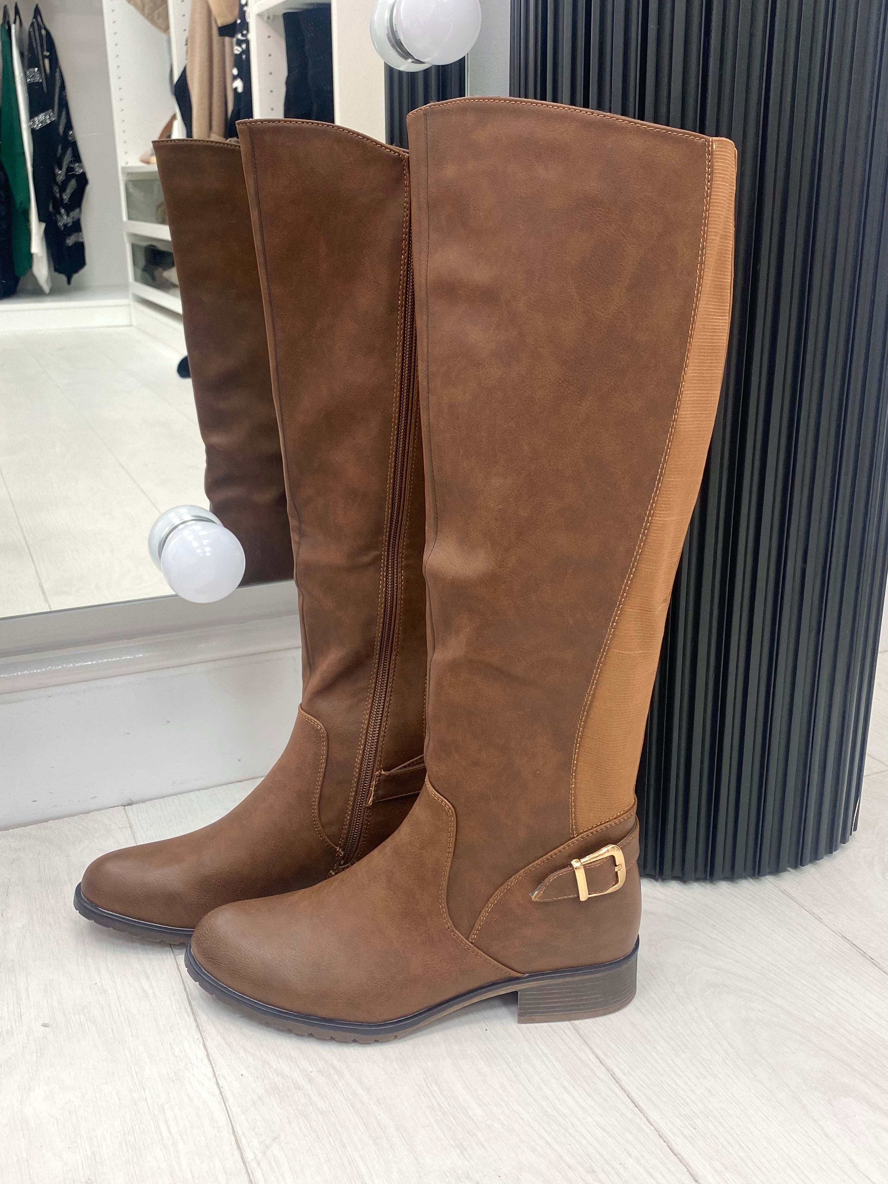 Franko Camel Buckle Detail Knee High Boots