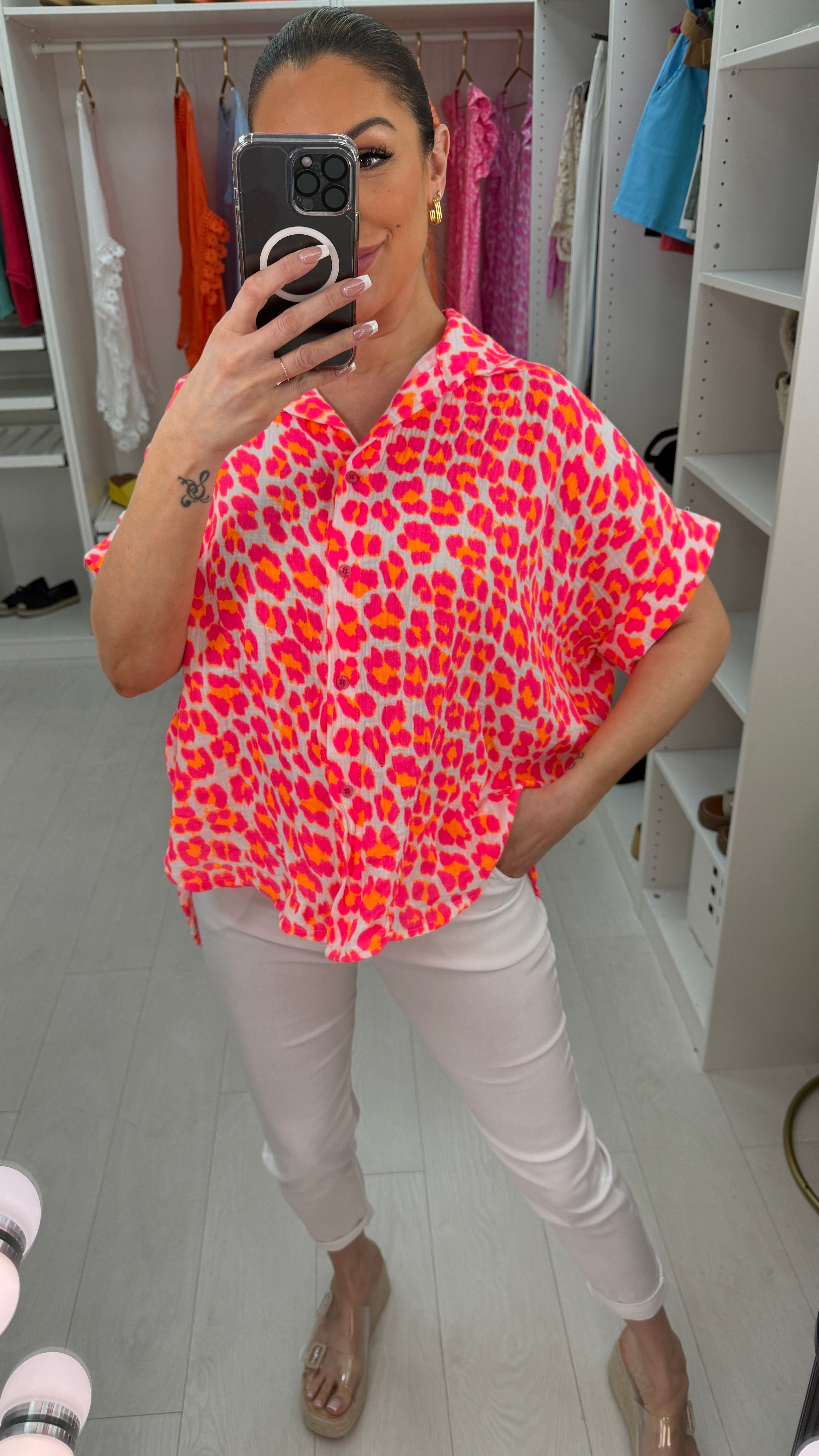 Keely Leopard Print Cheesecloth Short Sleeve Shirt