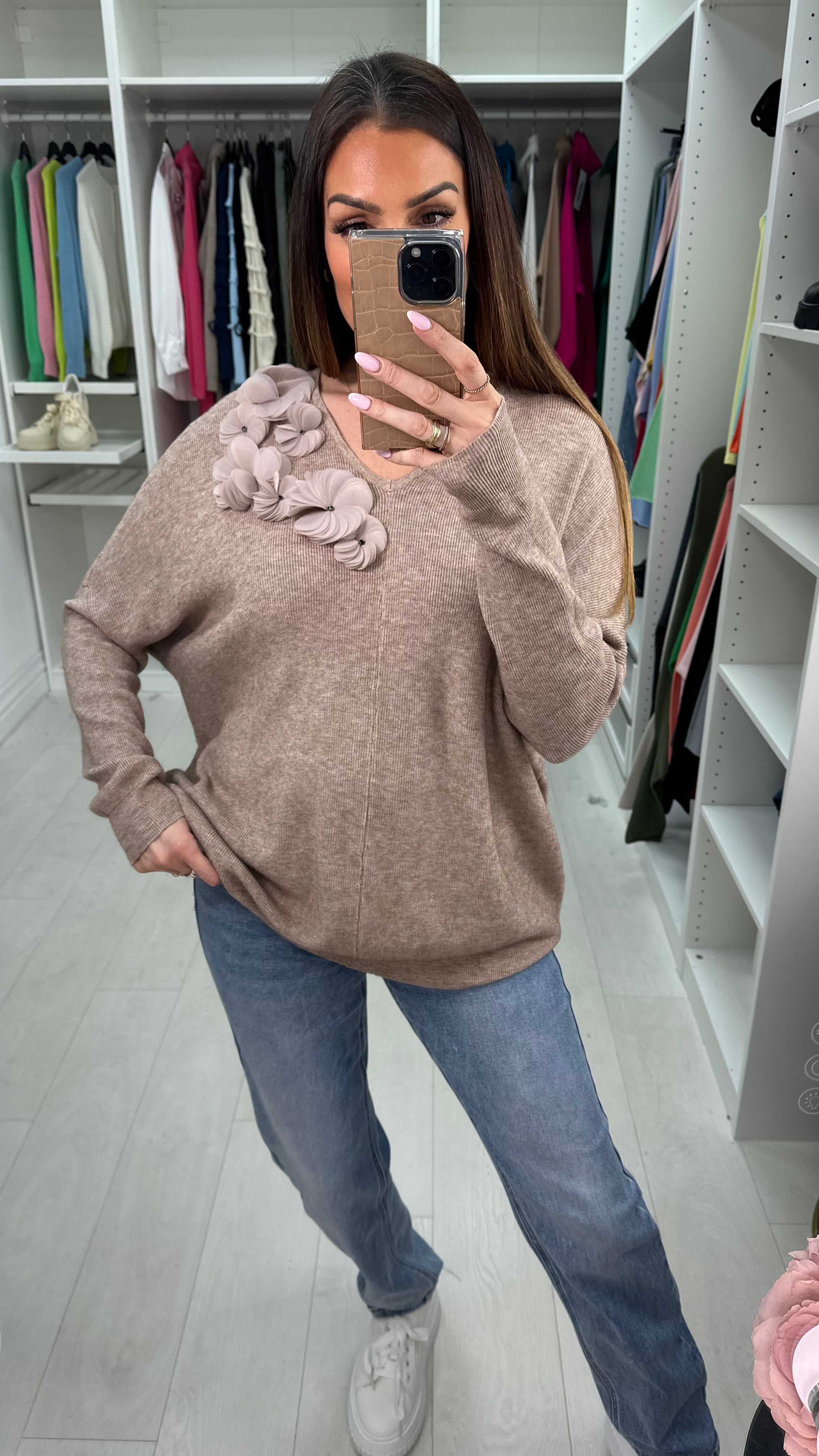 Kally Floral Detail V Neck Knit Jumper