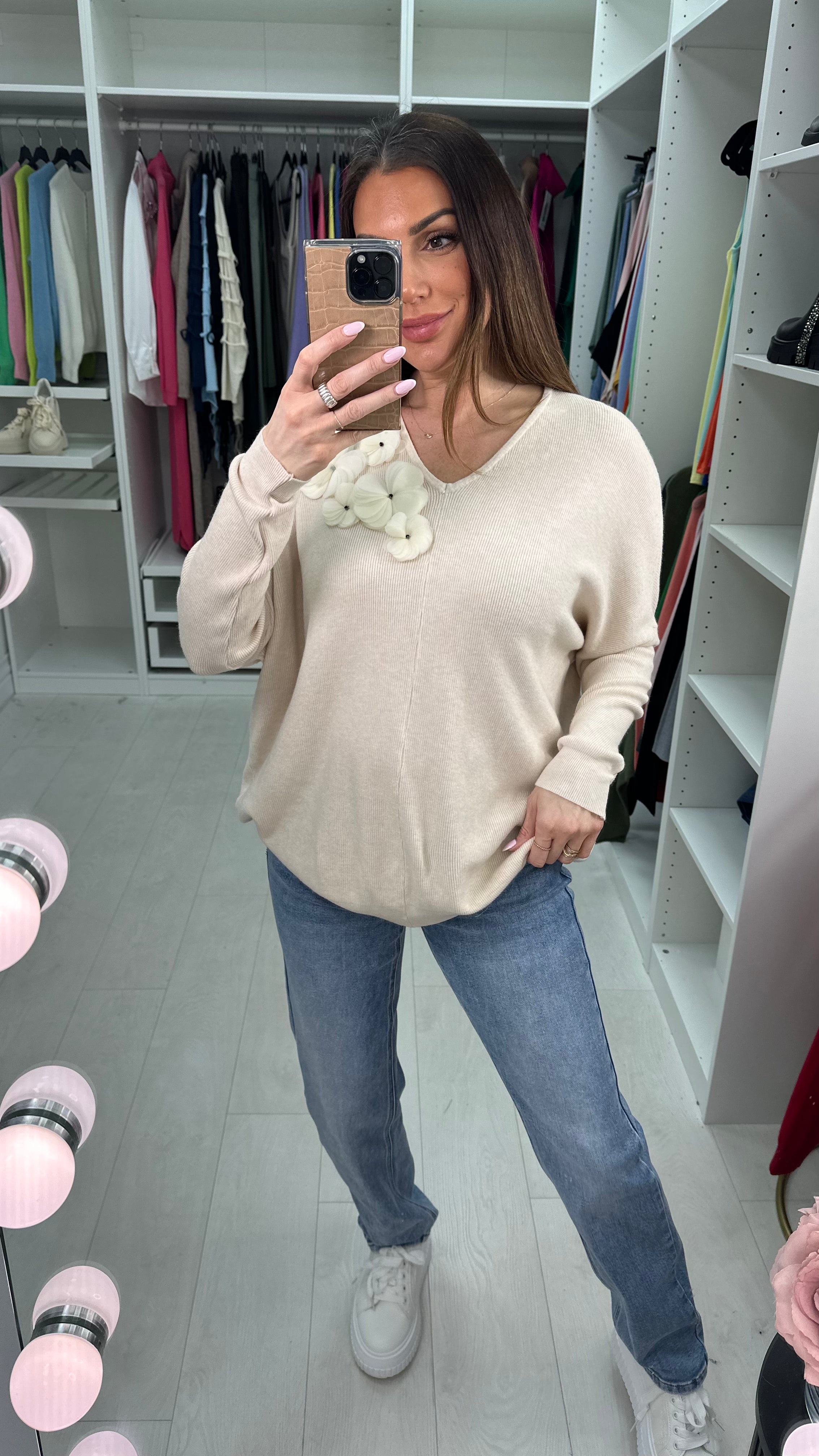 Kally Floral Detail V Neck Knit Jumper
