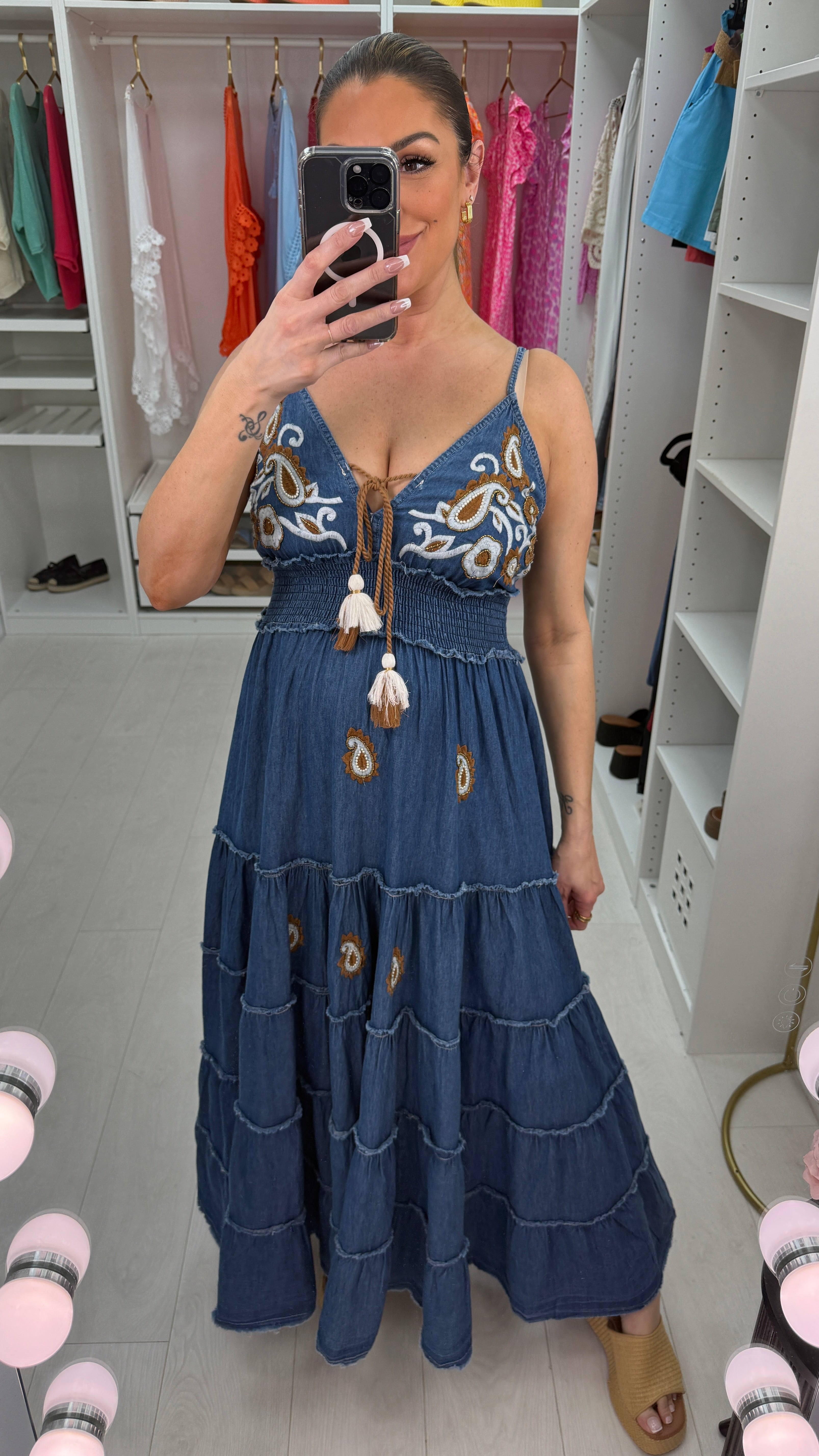 Tamsin Paisley Embellished Denim Maxi Dress