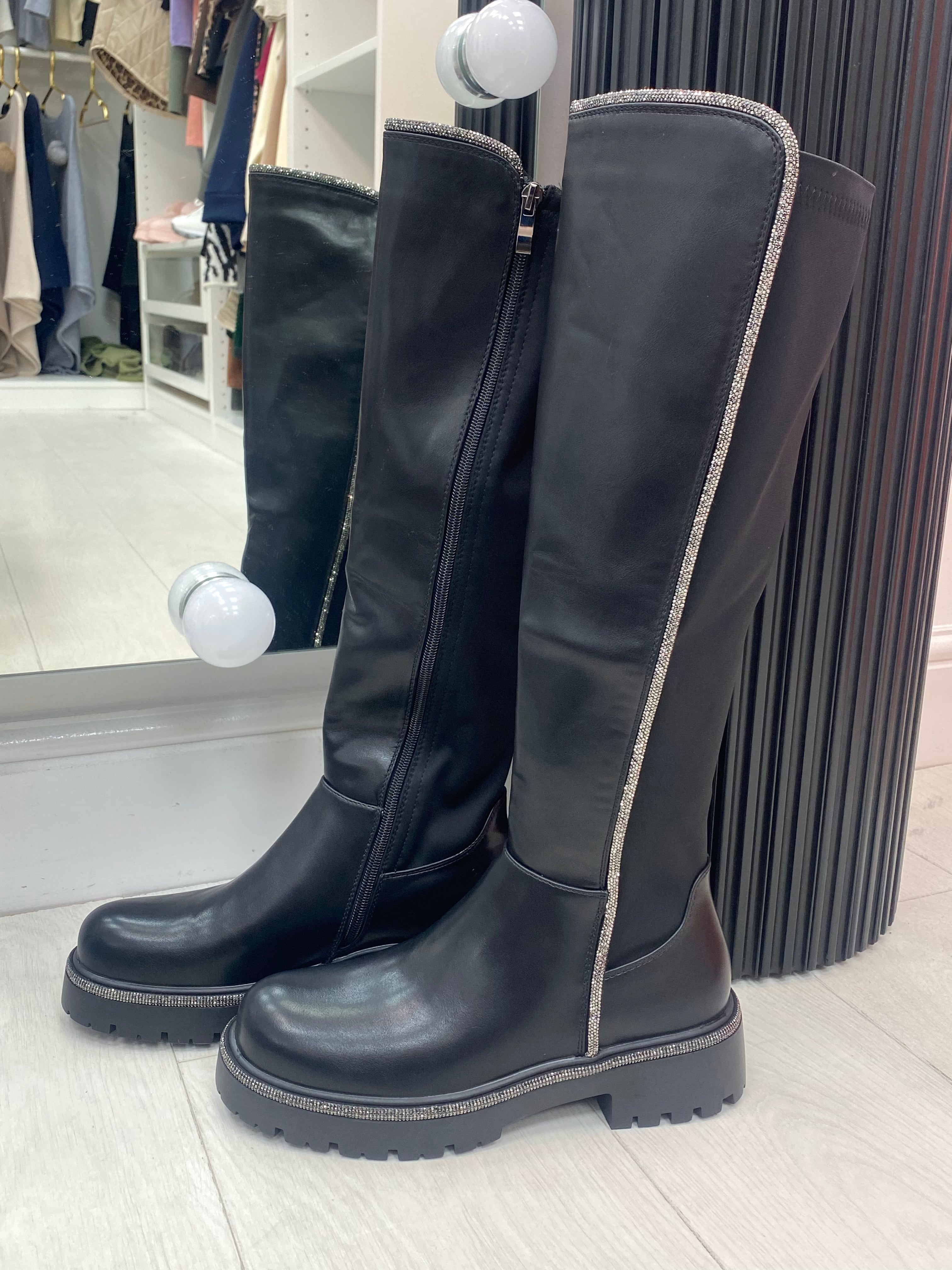 Soline Diamante Trim Detail Knee High Boots