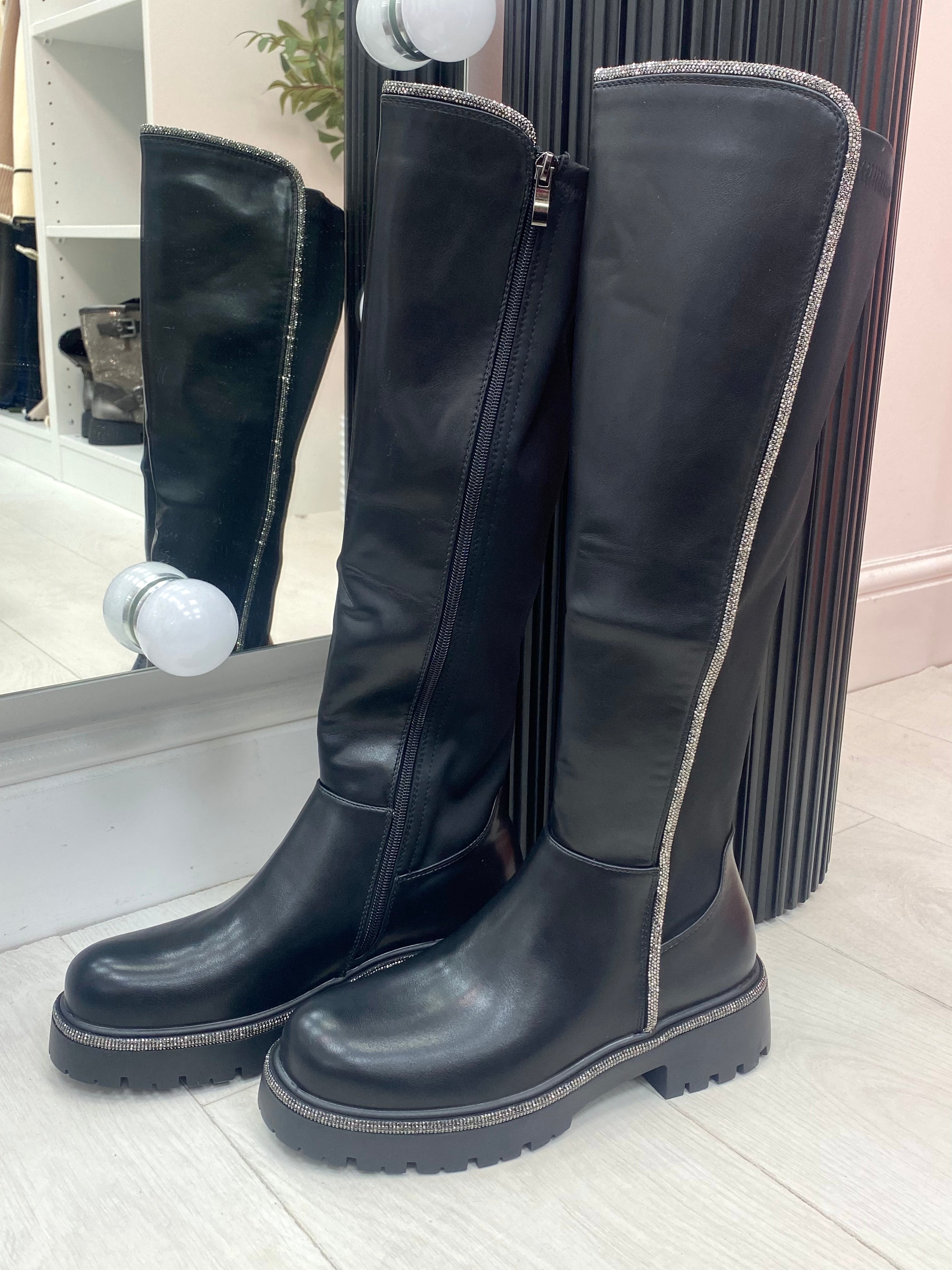 Soline Diamante Trim Detail Knee High Boots