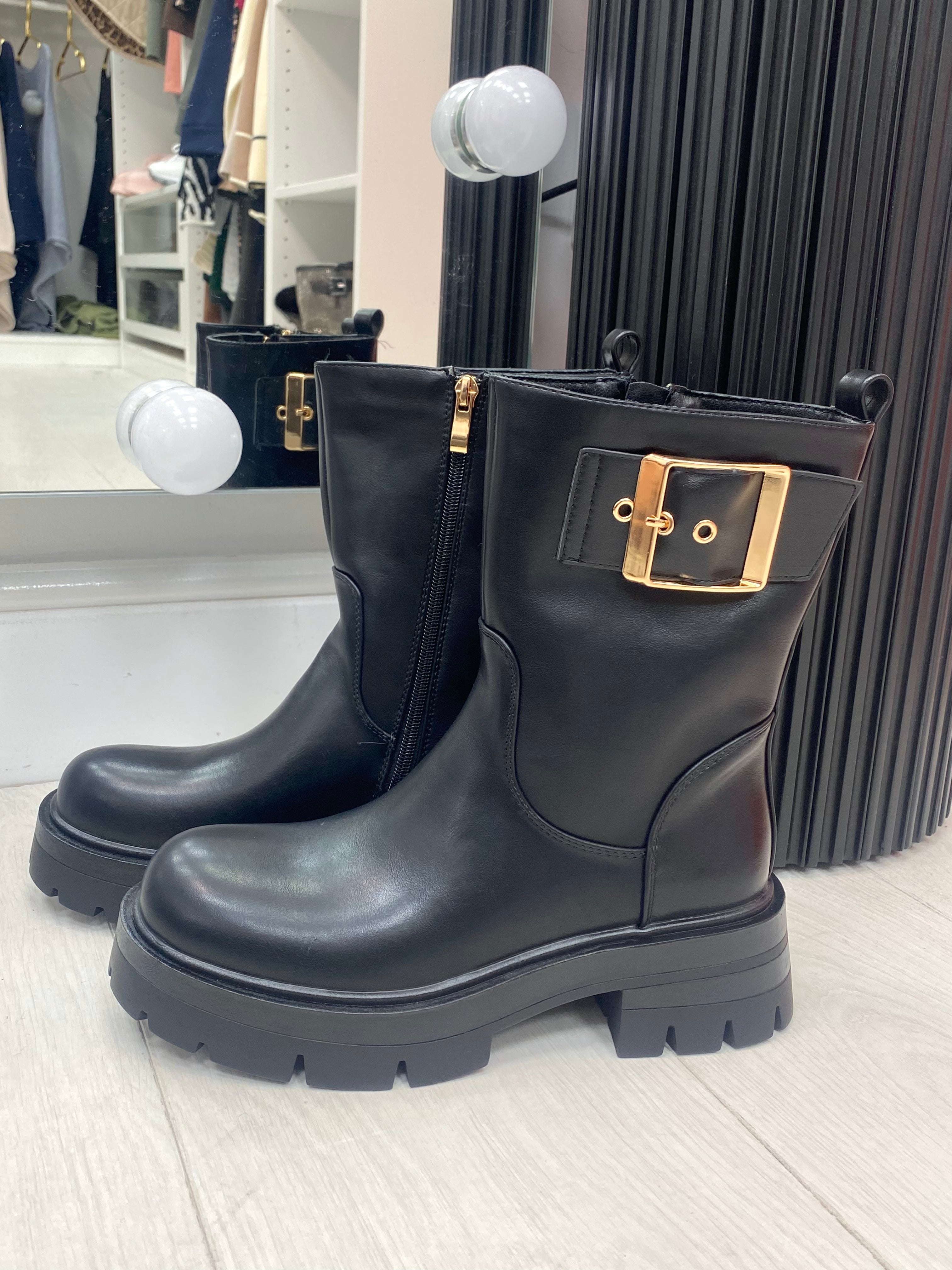 Bailee Black Faux Leather Buckle Detail Boots